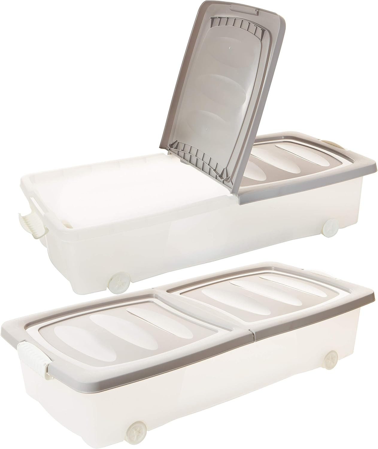 Centi Unterbettkommode Praktisches 2er-Set Unterbettkommoden mit Rollen (80x40x17cm, 32L), mit geteiltem Deckel & Clip-Verschlüssen Transparent / Sand