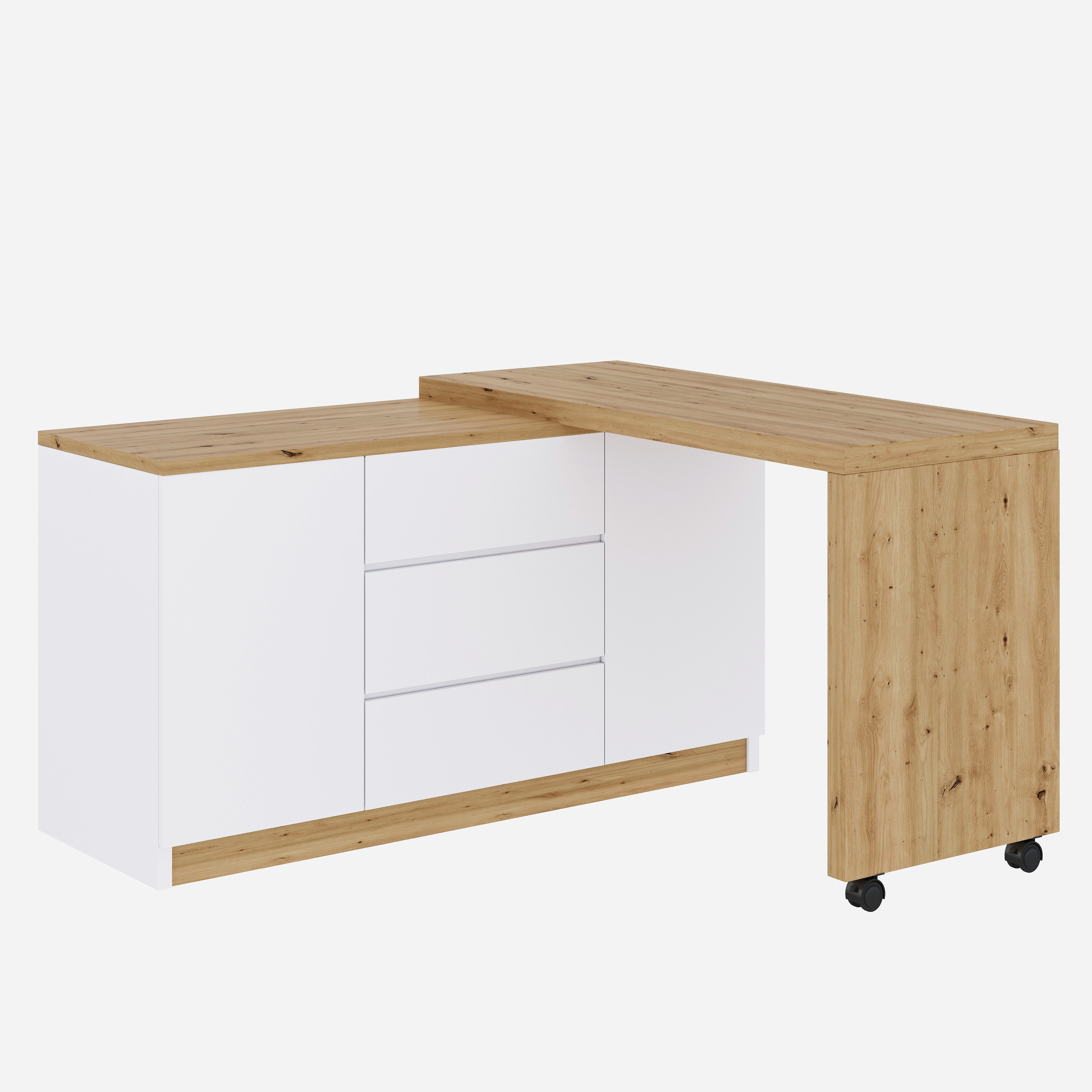 Flieks Kommode mit 360° drehbare Tisch, Rollen und Schubladen (2 St., mit verstellbaren Einlegeböden), Schreibtisch Sideboard Mehrzweckschrank Arbeitstisch weiß&Eiche