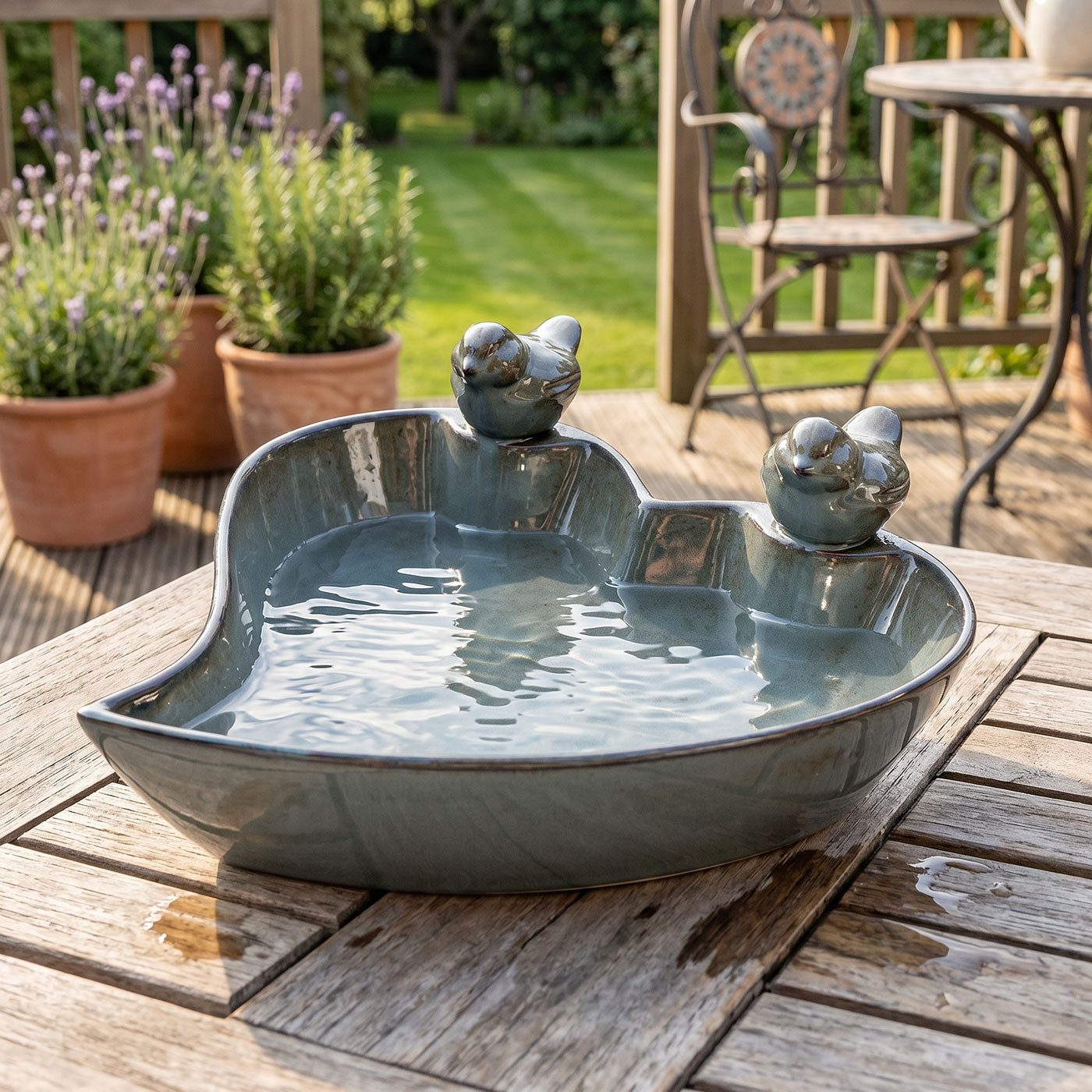 Levandeo® Vogeltränke Vogeltränke Garten Grün Steingut Glasiert Vogelbad Vogelbecken Wassers – Bild 3 von 5