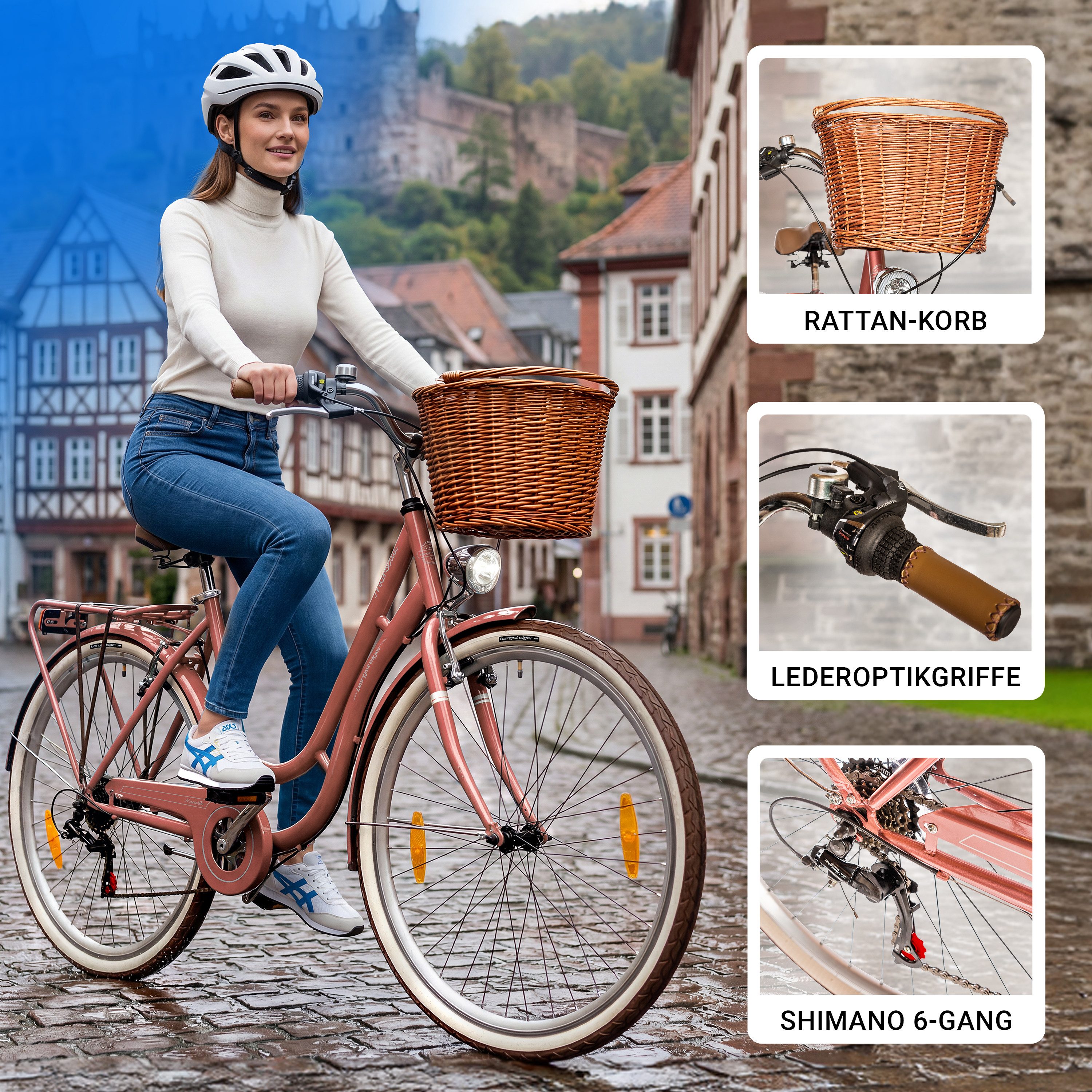 bergsteiger Cityrad Marseille 26 Zoll, 28 Zoll Damenfahrrad, ab 150 cm, Korb aus Rattan, 6 Gang, Kettenschaltung, V-Bremsen