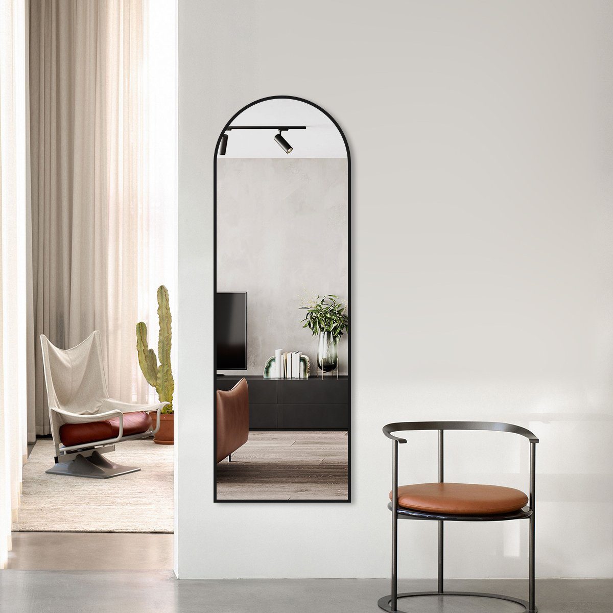 Boromal Wandspiegel Schwarz Metall Alurahmen 150x50cm (Ganzkörperspiegel Bogenspiegel, 5mm HD Bleifreier Spiegel), mit Sicherheitsfolie