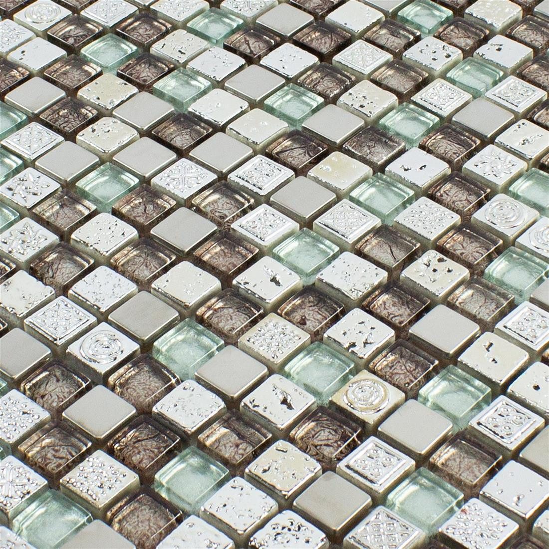Mosafil Mosaikfliesen Glas Resin Metall Mosaikfliese Falco Braun Silber, Naturstein-Resin-Glas-Metall-Edelstahl 30.000x30.000, braun-silber, Verlegefertig auf ein Netz geklebt
