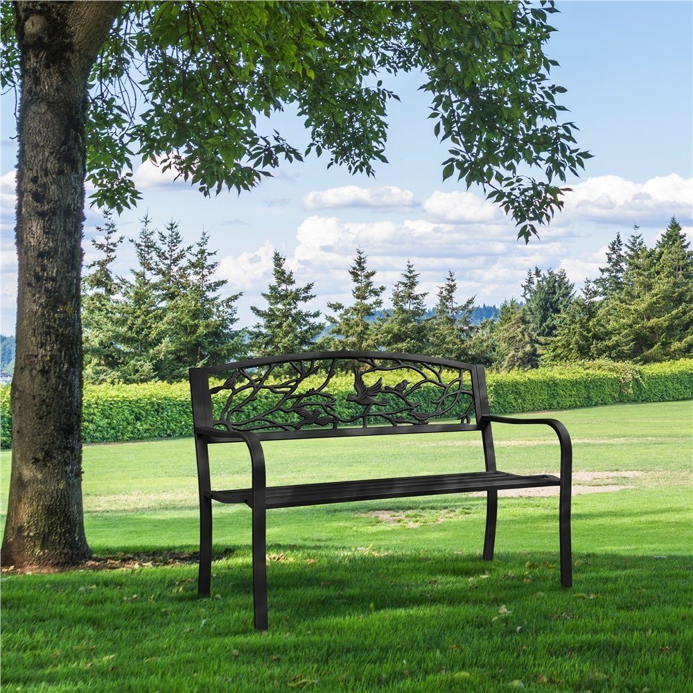 Yaheetech Gartenbank aus Pulverbeschichtetem Metall mit Vogelmuster im Vintage-Stil, 3-Sitzer-Metallbank für Garten/Terrasse/Balkon – Bild 4 von 5