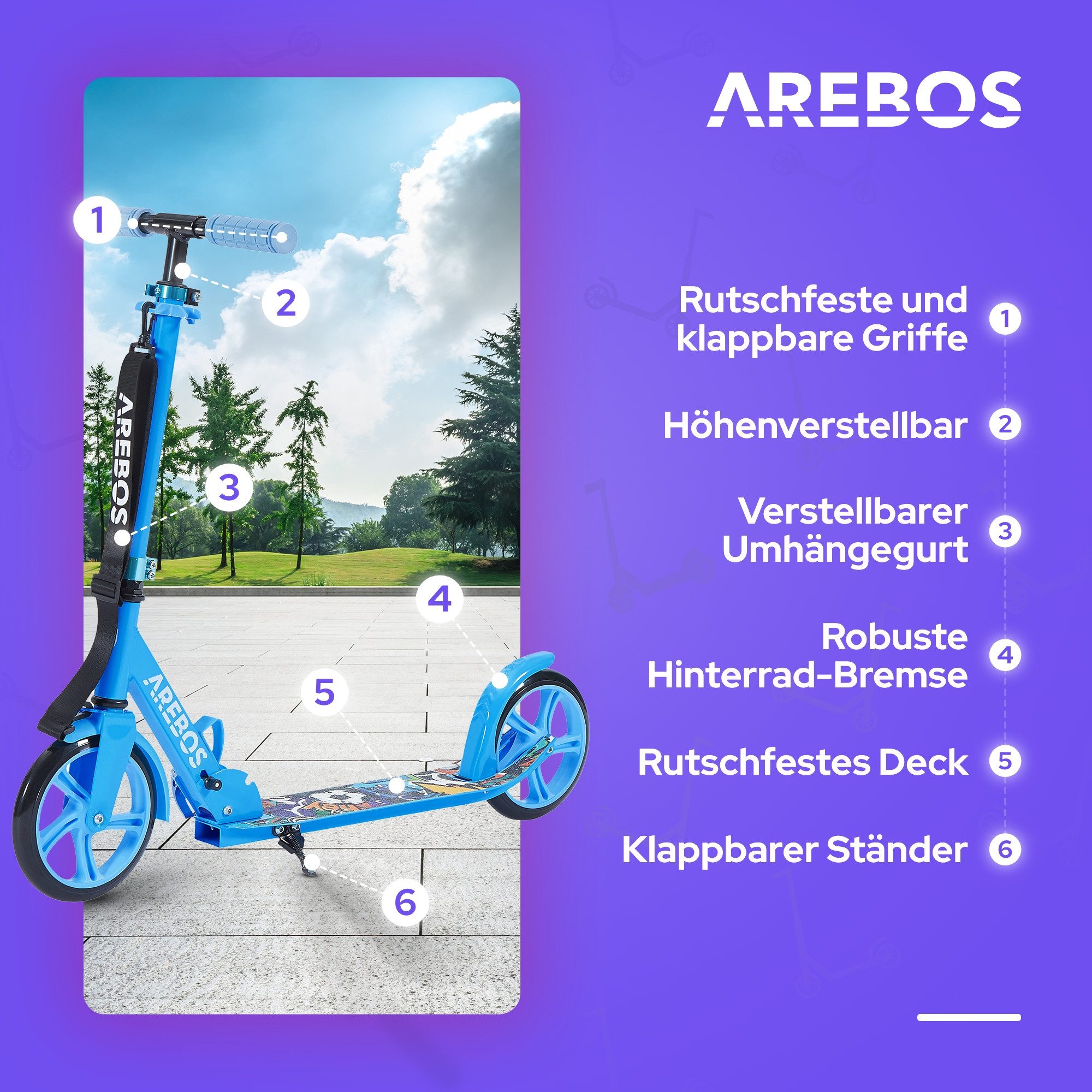 Arebos Tretroller klappbar höhenverstellbar 78–93 cm, ab 6 Jahre, 100 kg, 0 W, Fahrspaß überall: ideal für Schule, Freizeit oder kurze Wege – Bild 3 von 5