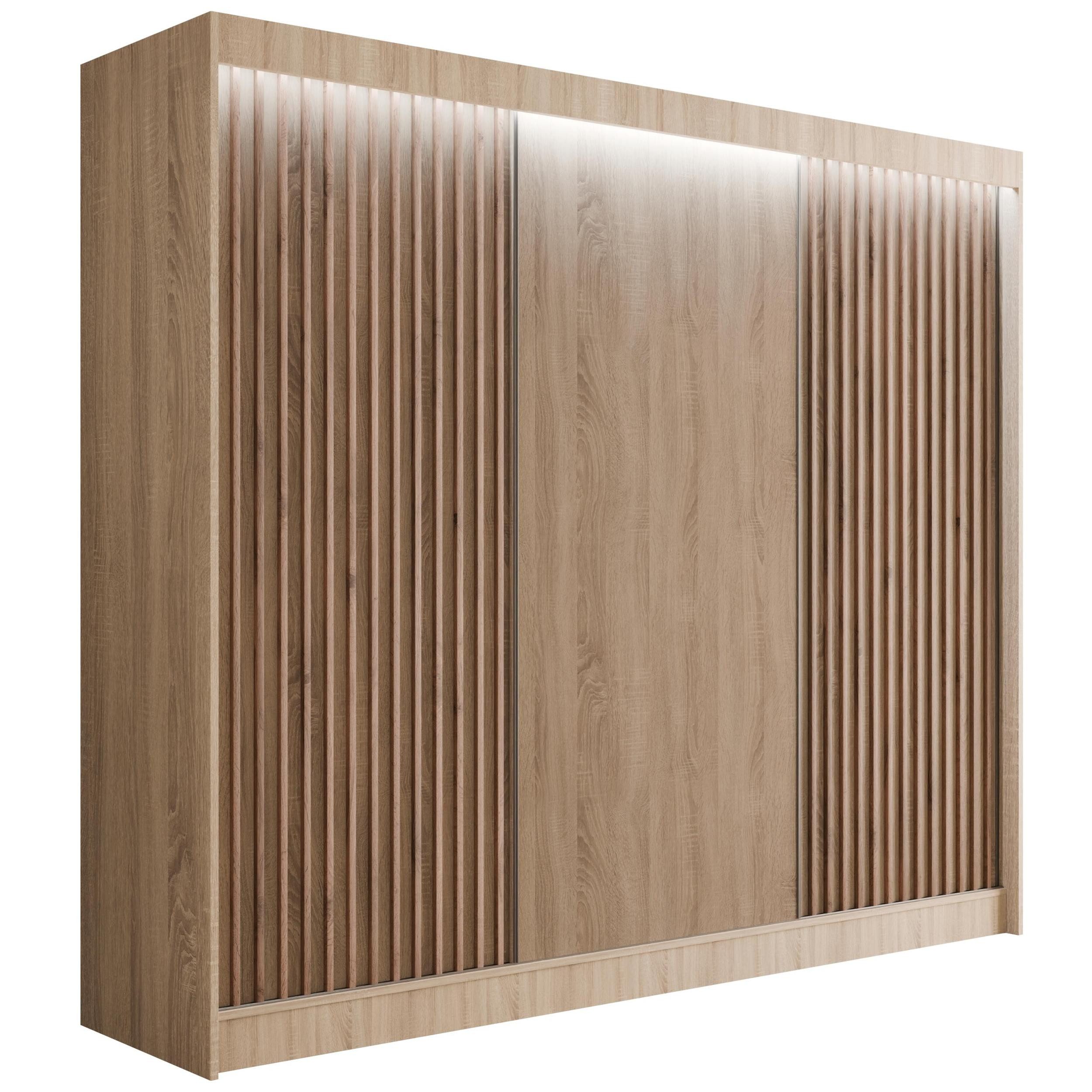 ALTDECOR Schiebetürenschrank VILANv2 (Kleiderschrank Garderobenschrank mit viel Stauraum Moderner Schrank) Vielseitiger Schwebetürenschrank Lamellen LED Beleuchtung