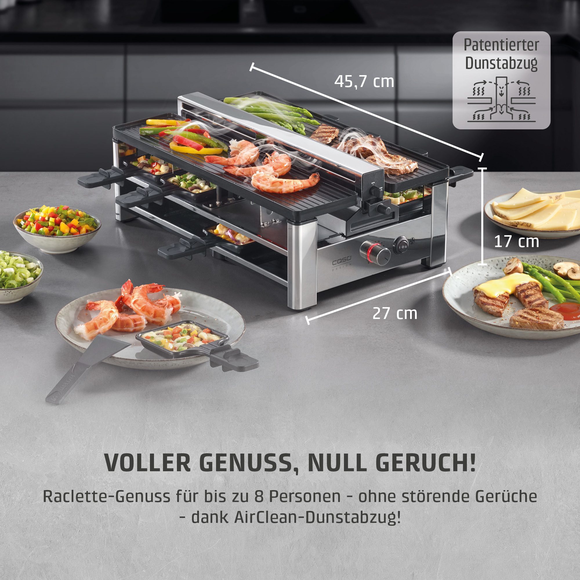 Caso Raclette AirClean, 8 Raclettepfännchen, 1500 W, Dunstabzug auf 2 Ebenen, 2 Geschwindigkeitsstufen, 8 Pfännchen