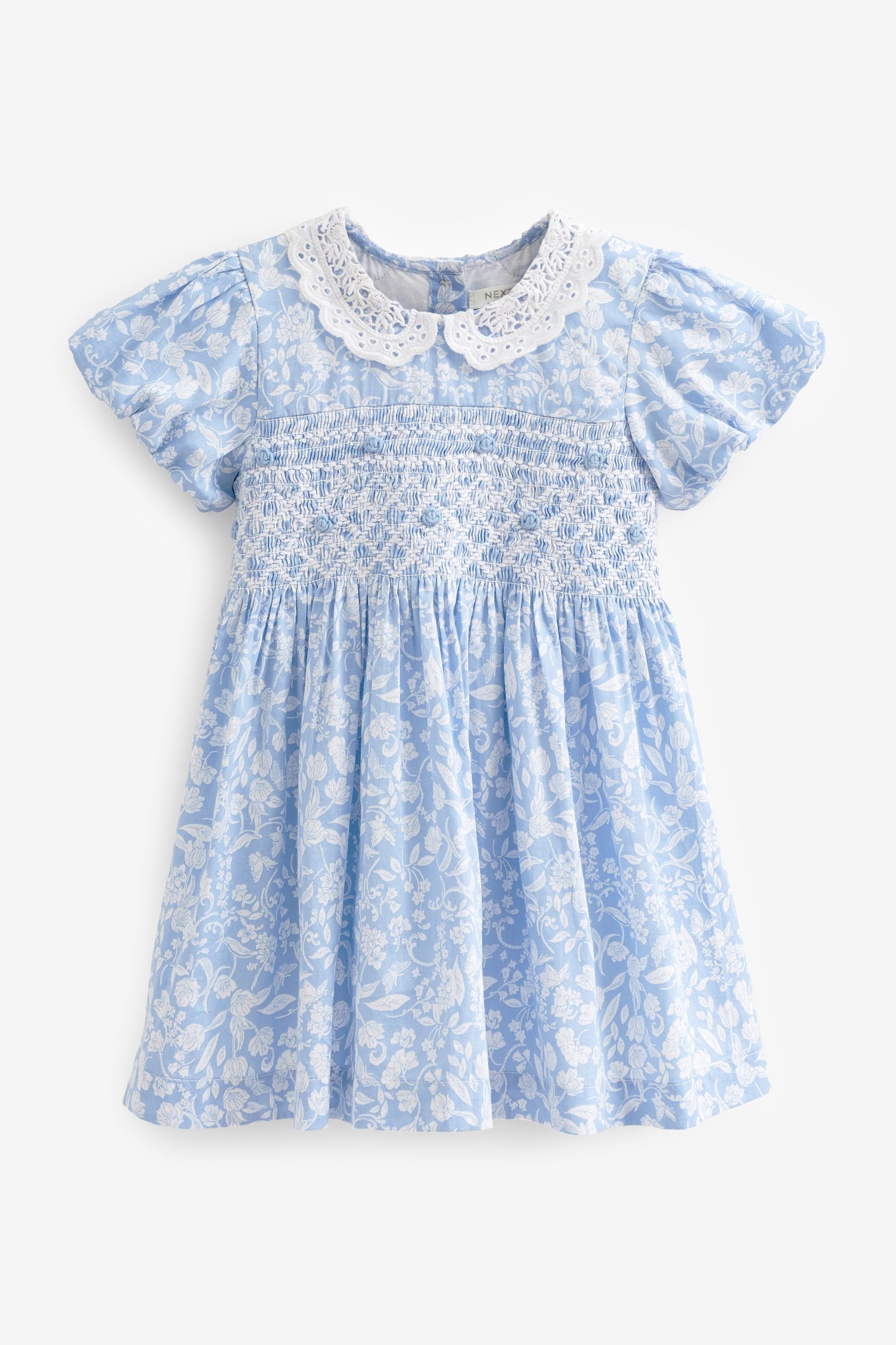 Baumwollkleid Raffdetail und mit Pale Spitzenkragen Sommerkleid Blue Next (1-tlg)