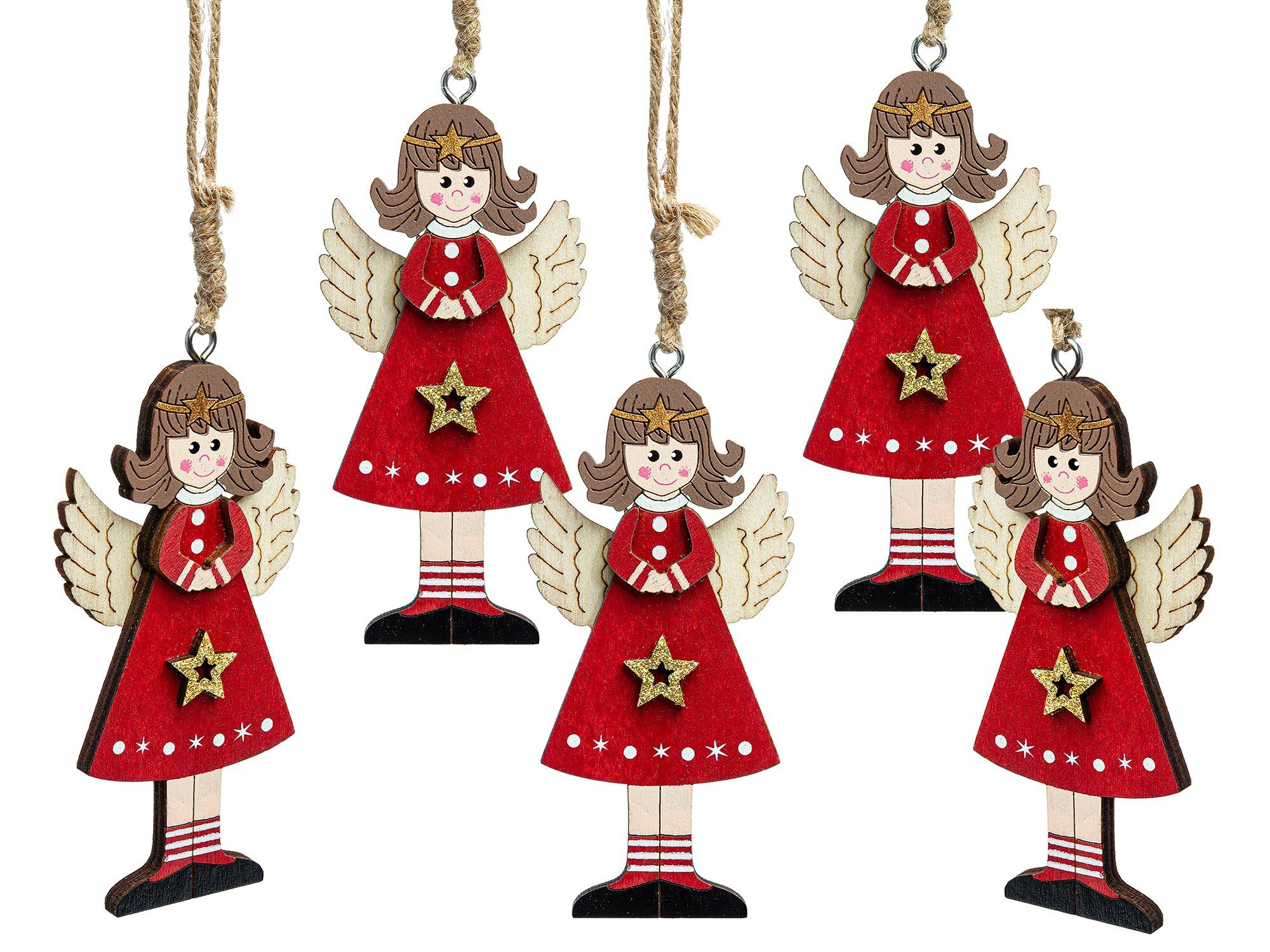 Christbaumschmuck BS698 Engel Holz Figur Weihnachtsbaum Anhänger 5er Set H:10cm