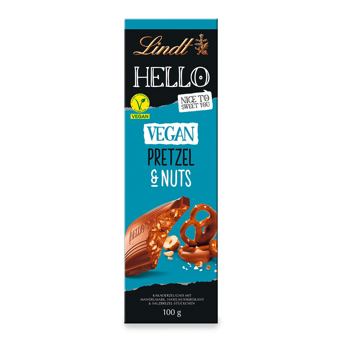 LINDT Schokolade, Lindt Hello Vegan Pretzel Nuts mit Haselnusskrokant salzig 100g
