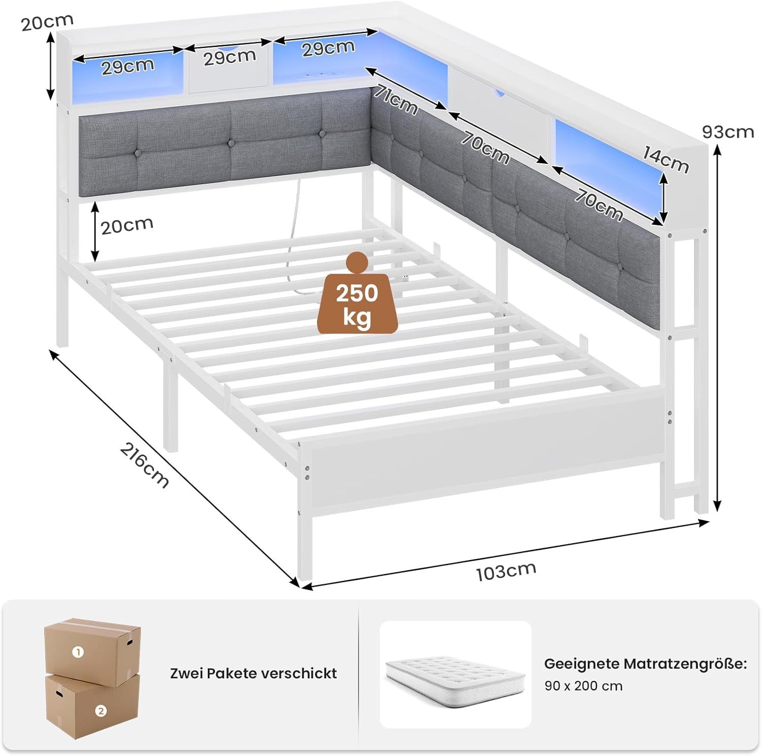 MSMASK Daybett Polsterbett Jugendbett mit LED-Beleuchtung und USB-Ladestation, Bettgestell mit Lattenrost aus Metall, 90 x 200 cm