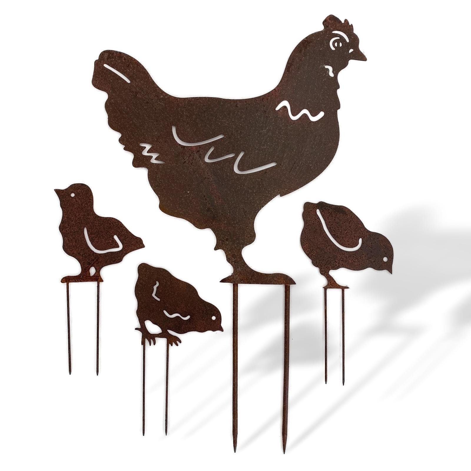 Dekoobjekt Set Gartenstecker Beetstecker Erdspiess Huhn Küken Familie Eisen 56cm