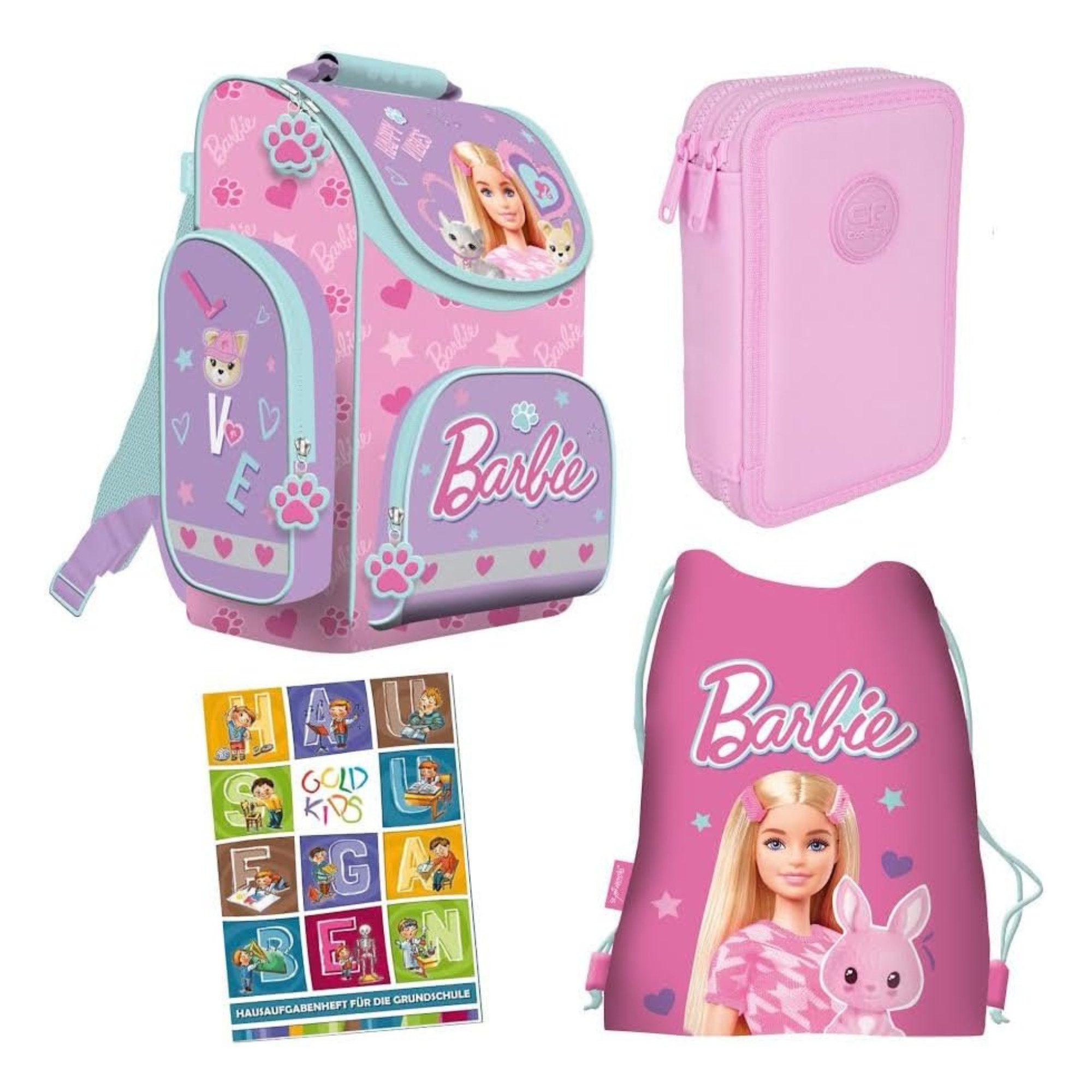 GOLDKIDS Schulranzen für Jungen und Mädchen - Schul-Rucksack für Kinder (mit Federmäppchen - Schuhbeutel und, 1-tlg., Hausaufgabenheft - Barbie Motiv), - 1-3 Klasse