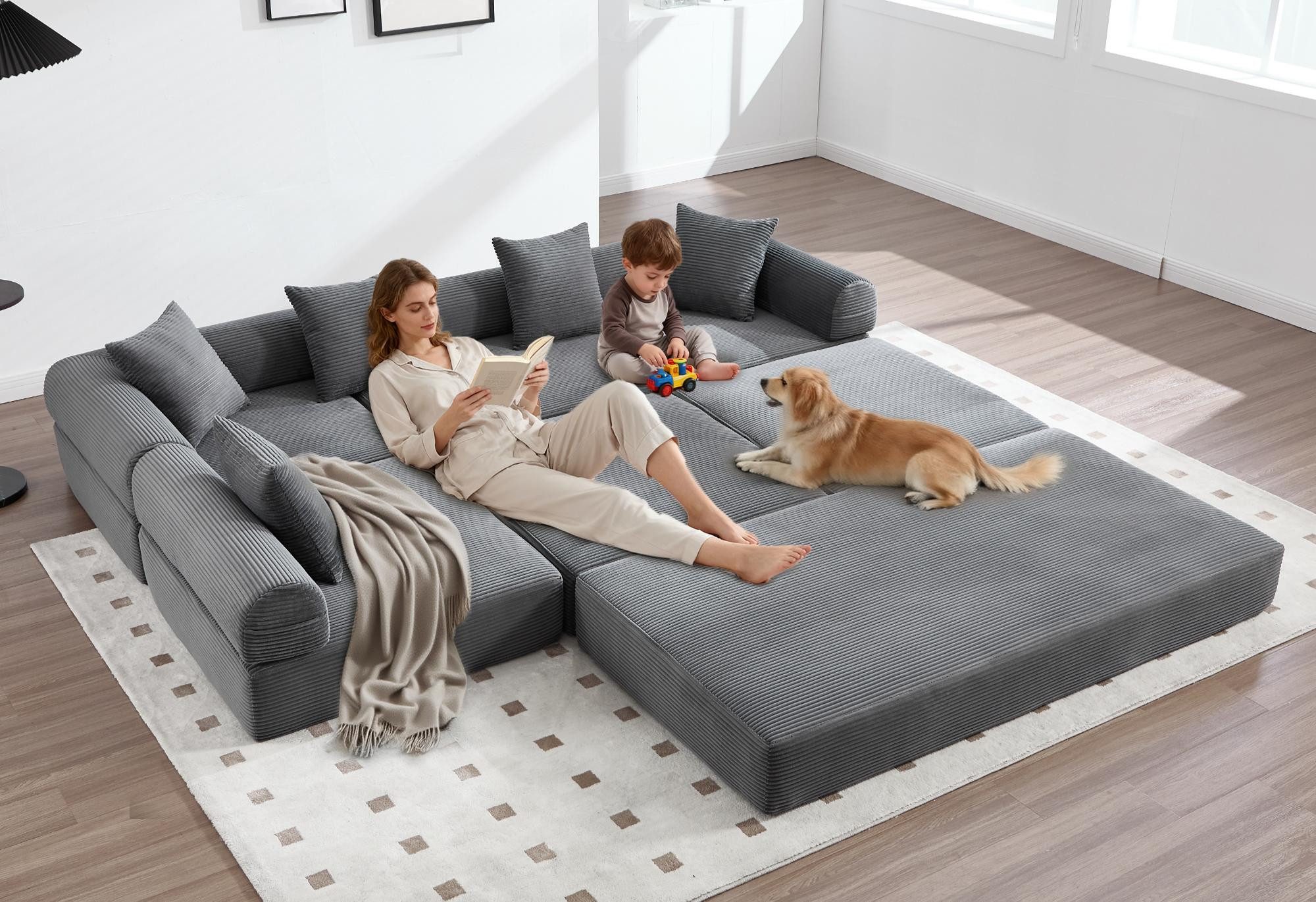 LVHOM Loungesofa Modulsofa mit Schlaffunktion, Seitentaschen, U-/L-Sofa, Fünfsitzer, 2xEinzelsessel + 1xDreisitzer, kombinierbar, Schlafsofa(Jedes Modul entfaltet sich zu separater Schlaffläche), 5 Zierkissen, Cordstoff, reichhaltige Füllung, 300 kg belas