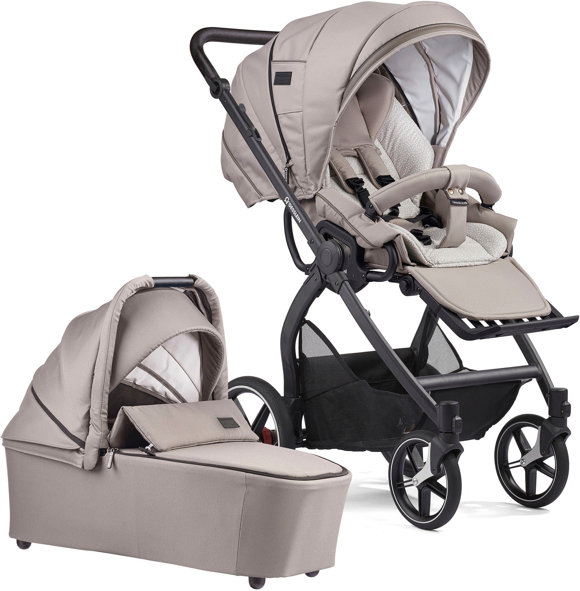 Soft+ FX4 mit und Cx3 Babyschalenadapter Kombi-Kinderwagen Aufsatz Classic steingrau, Gesslein mit Babywanne schwarz/schwarz,