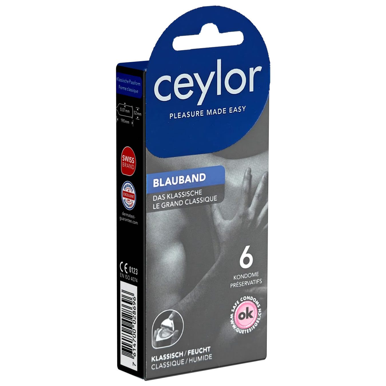 Ceylor Kondome Blauband (Kondome mit Gleitcreme) Packung mit, 6 St., klassische Kondome, Premium-Qualität aus der Schweiz, im hygienischen "Dösli", einfach zu öffnen, schnelleres Überziehen