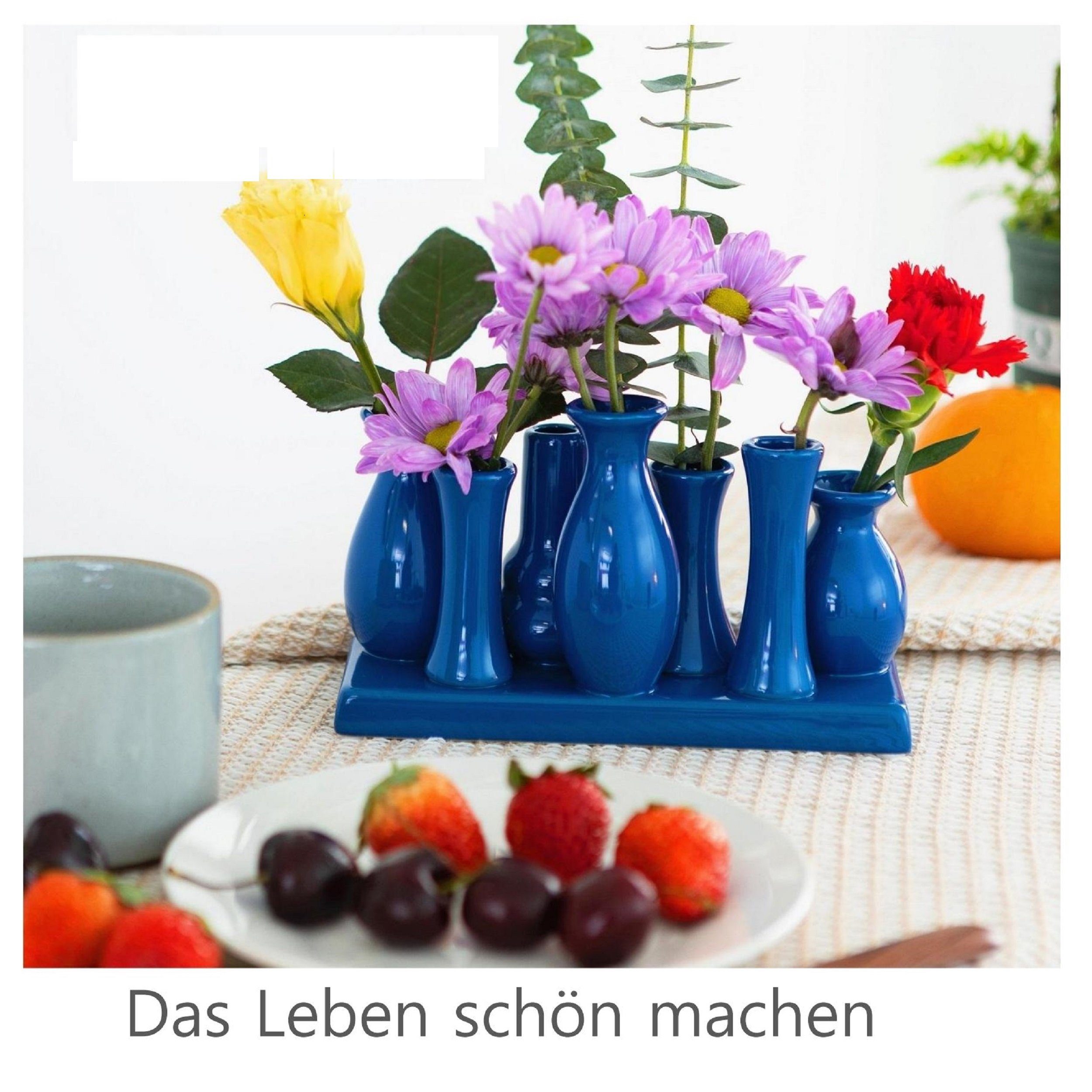 Jinfa Dekovase Handgefertigte kleine Keramik Set (7 Tablett Blumenvasen auf verbunden einem Deko blau), auf Vasen