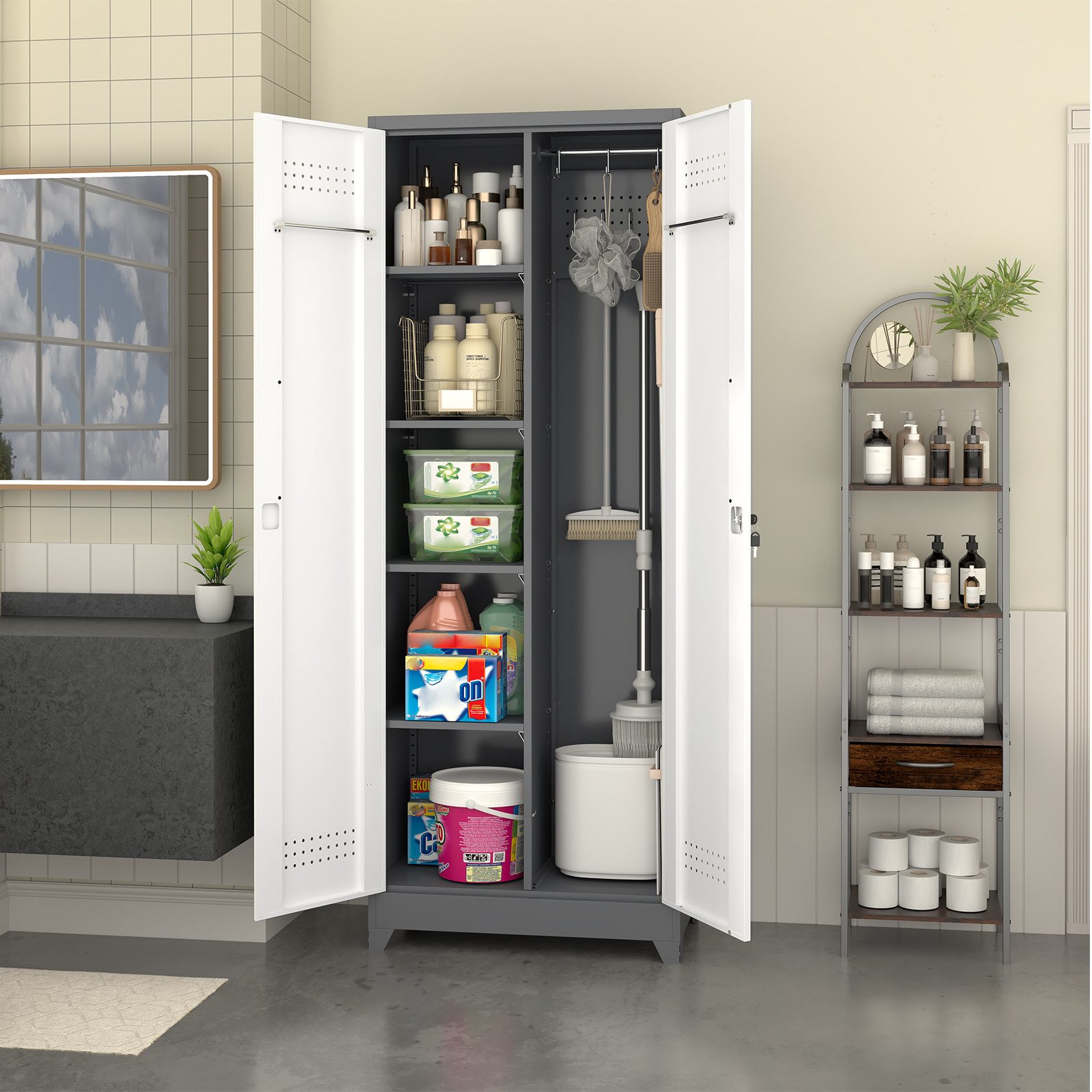 REDOM Aktenschrank Besenaufbewahrungsschrank (mit abschließbaren Türen und Regalen, mit Kleiderstange und S-Haken, Aufbewahrungsschrank für Reinigungswerkzeuge., 1-St., 60*40*165cm)