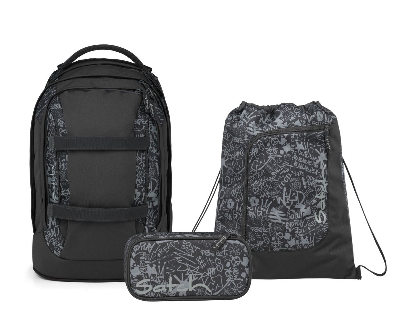 Satch Schulranzen Schulrucksack-Set PACK Street Ink 3-teilig (3-teilig), ergonomisch, Your-Size-System, 5 Fächer