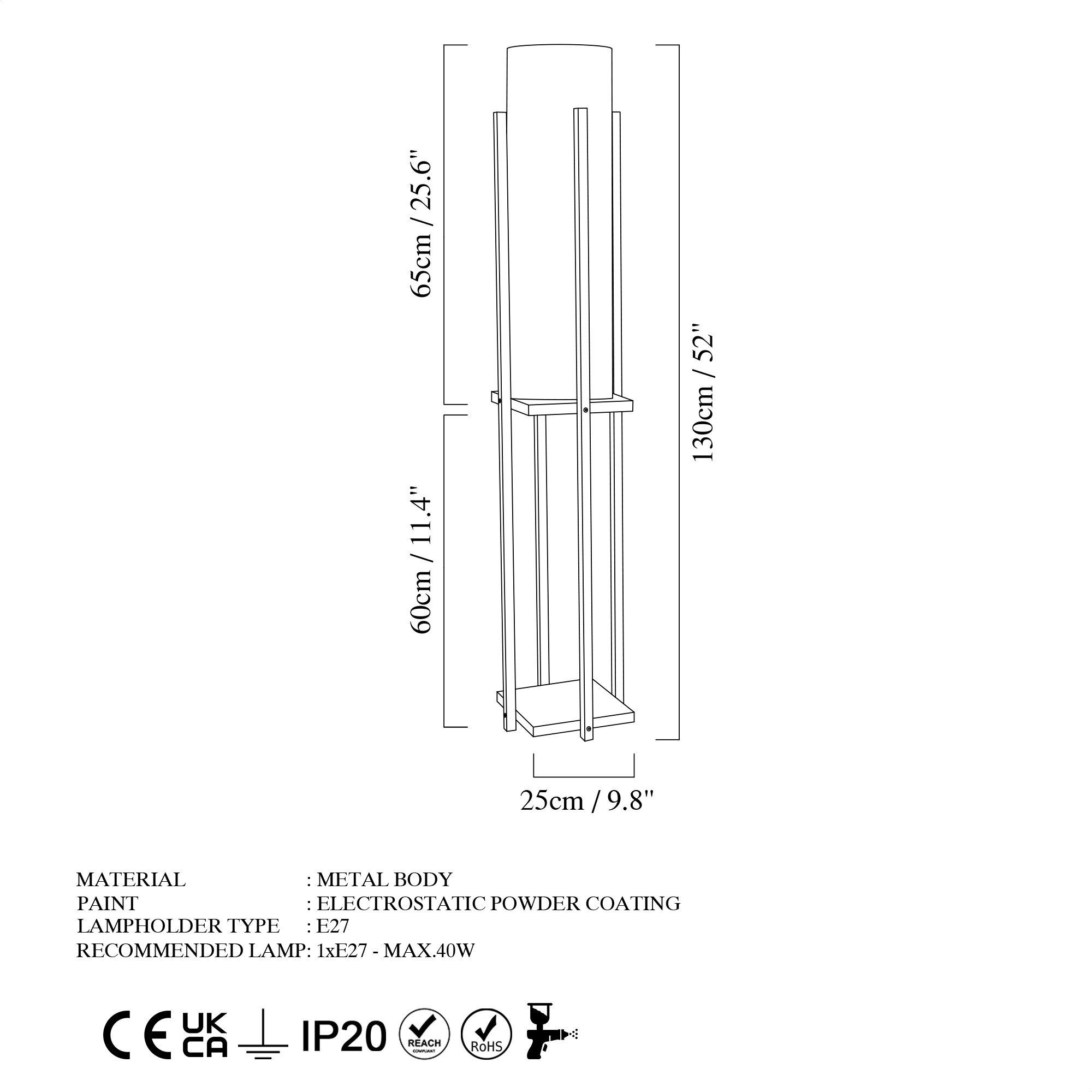 x Opviq x 130 25 cm, 7126LMP, Stehlampe Metallkörper Schwarz, 25