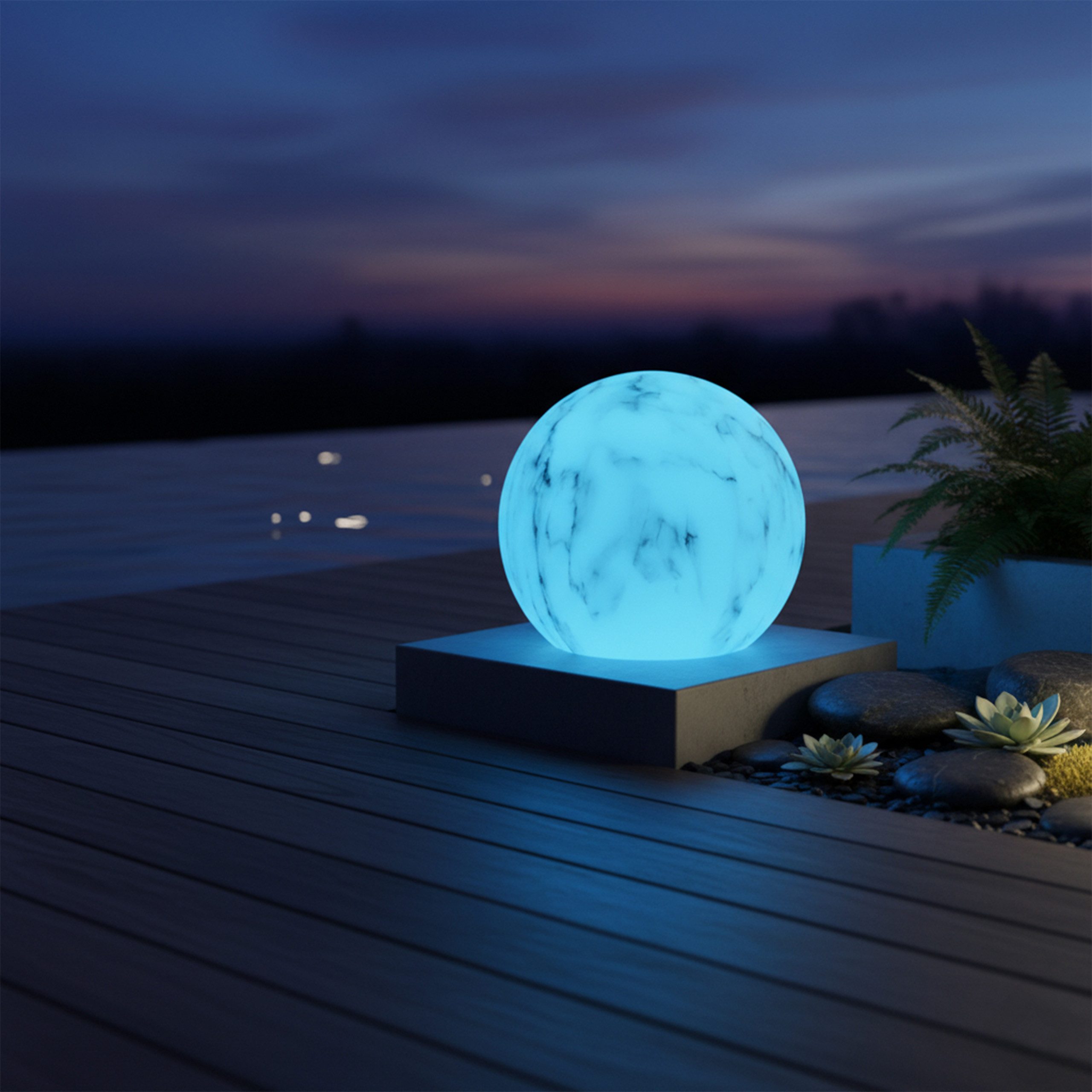 IC Gardenworld LED Kugelleuchte weiß Marmoriert 25cm, LED fest integriert, warm-weiß, RGB Licht mit Farbwechselmodus, UV-beständig, IP67 wetterfest mit Erdspieß, mit Memoryfunktion
