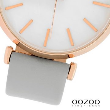 OOZOO Quarzuhr Oozoo Damen Armbanduhr, (Analoguhr), Damenuhr rund, groß (ca. 40mm), Lederarmband hellgrau, Fashion