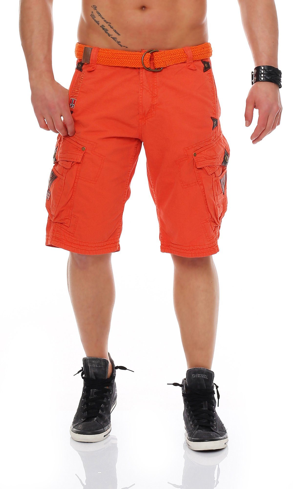 Geographical Norway Hose, Gürtel) / camouflage Shorts Herren (mit Shorts, G-PERLE Mandarine kurze abnehmbarem unifarben Cargoshorts