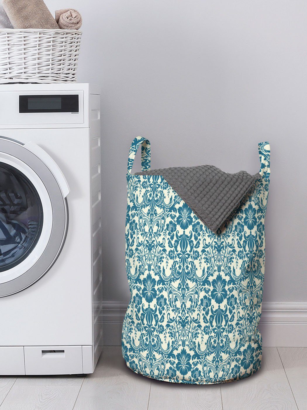 Blau Kordelzugverschluss mit und Griffen Wäschesäckchen Abakuhaus Damast-Blumen Wäschekorb für Waschsalons, Elfenbein