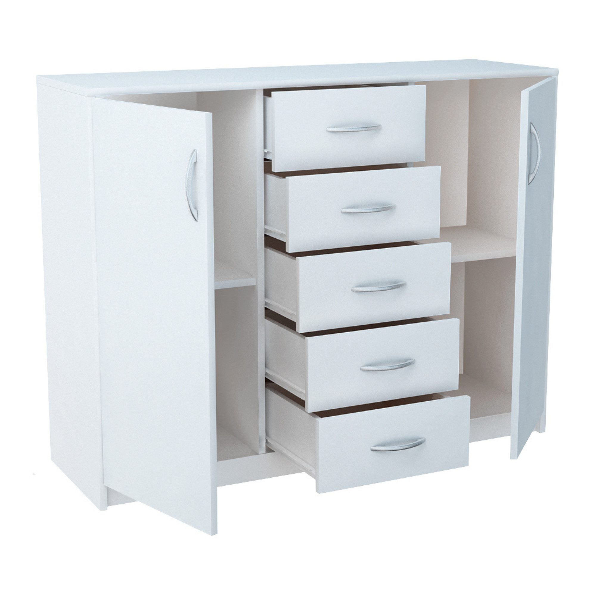 Home Collective Kommode mit 5 Schubladen und 2 Türen in matter Ausführung, Kommode 110cm breit (mit hochwertigen Polymergriffen, aus laminierter Platte gefertigt, Metallrollen mit Auszugsstopp), Holz Schrank Sideboard Highboard Kommode mit Schubladen Weiß