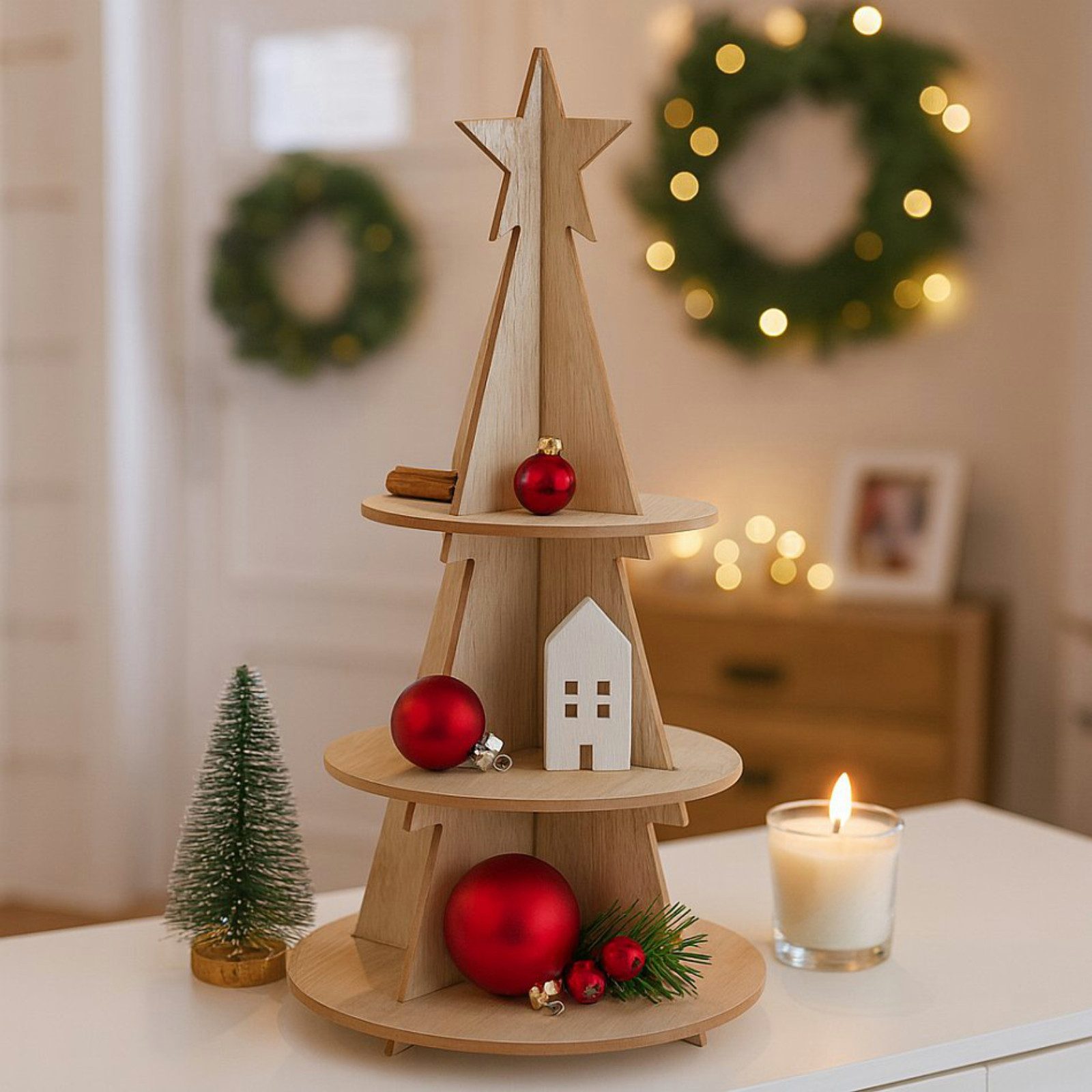 Koopman Etagere Servierständer Dekoständer Etagenständer Tannenbaum 60cm, Holz, (1-tlg), 3 Etagen, Holz, 60x26cm, Stecksystem, Weihnachten