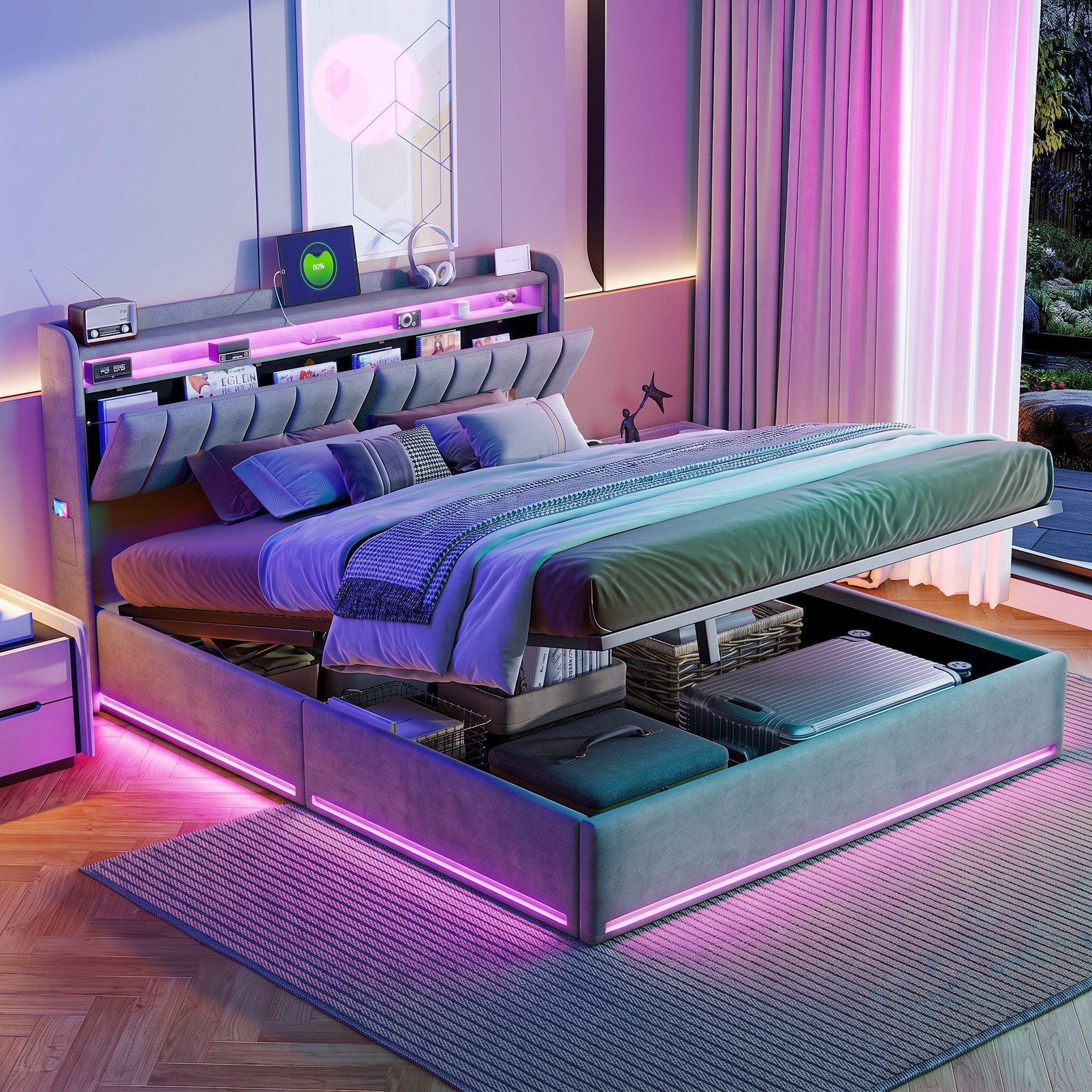 Furnishings Home Polsterbett Stauraumbett Doppelbett LED (Hydraulisch hebbarer Stauraum), Mit LED-Beleuchtung, Bettkasten, Ladefunktion, Samt, 140x200 cm
