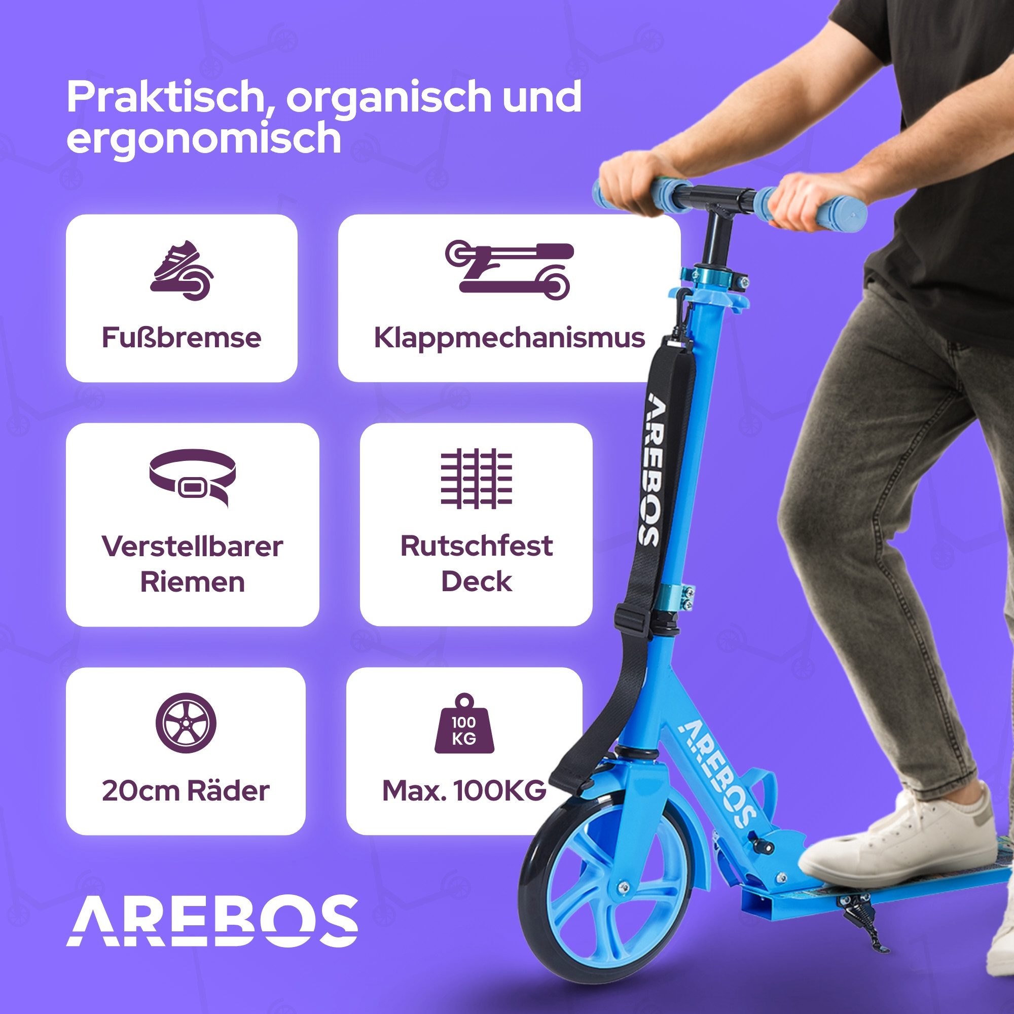 Arebos Tretroller klappbar höhenverstellbar 78–93 cm, ab 6 Jahre, 100 kg, 0 W, Fahrspaß überall: ideal für Schule, Freizeit oder kurze Wege