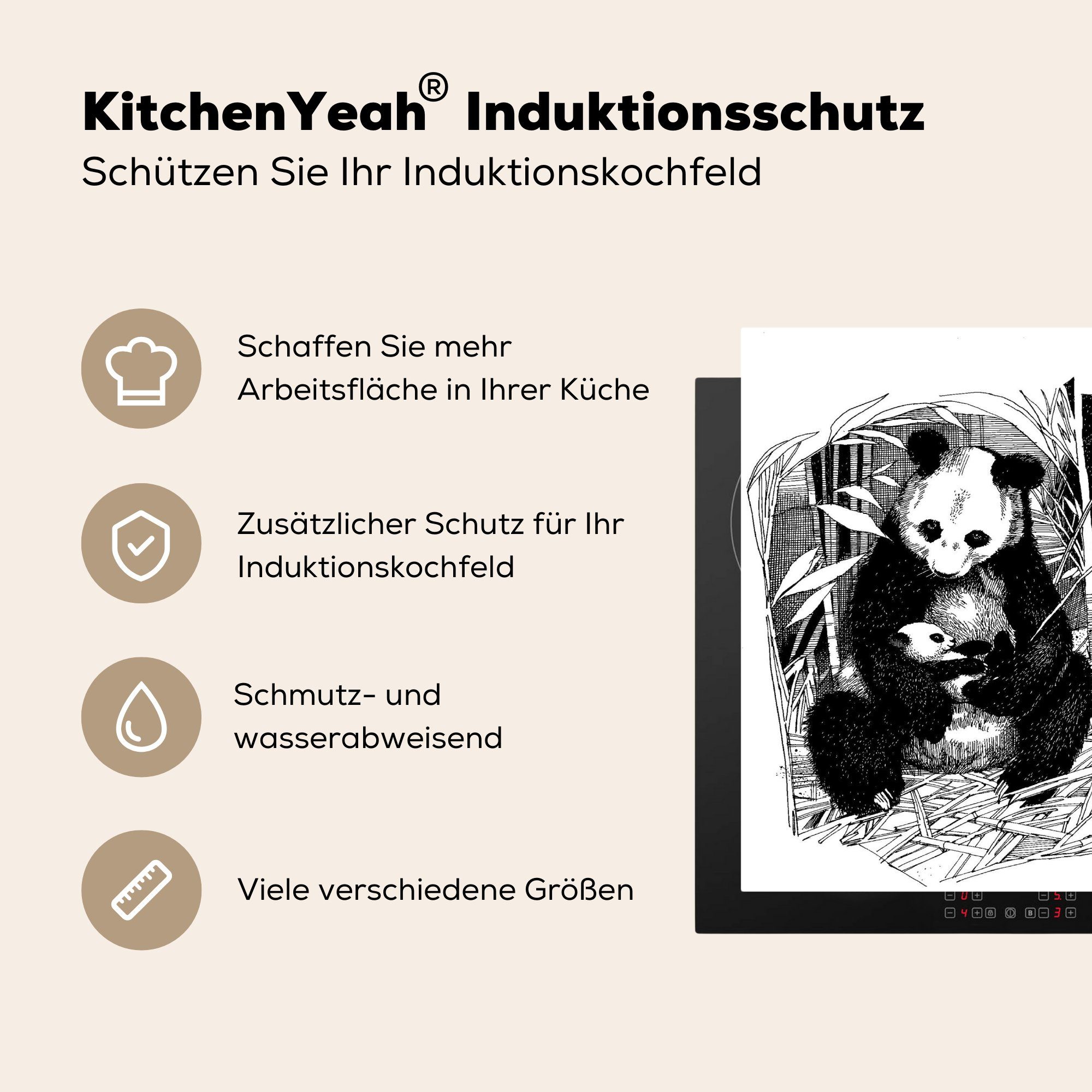 MuchoWow Herdblende-/Abdeckplatte Panda 78x78 Arbeitsplatte tlg), für (1 Vinyl, - Ceranfeldabdeckung, - küche Bambus Schwarz, cm
