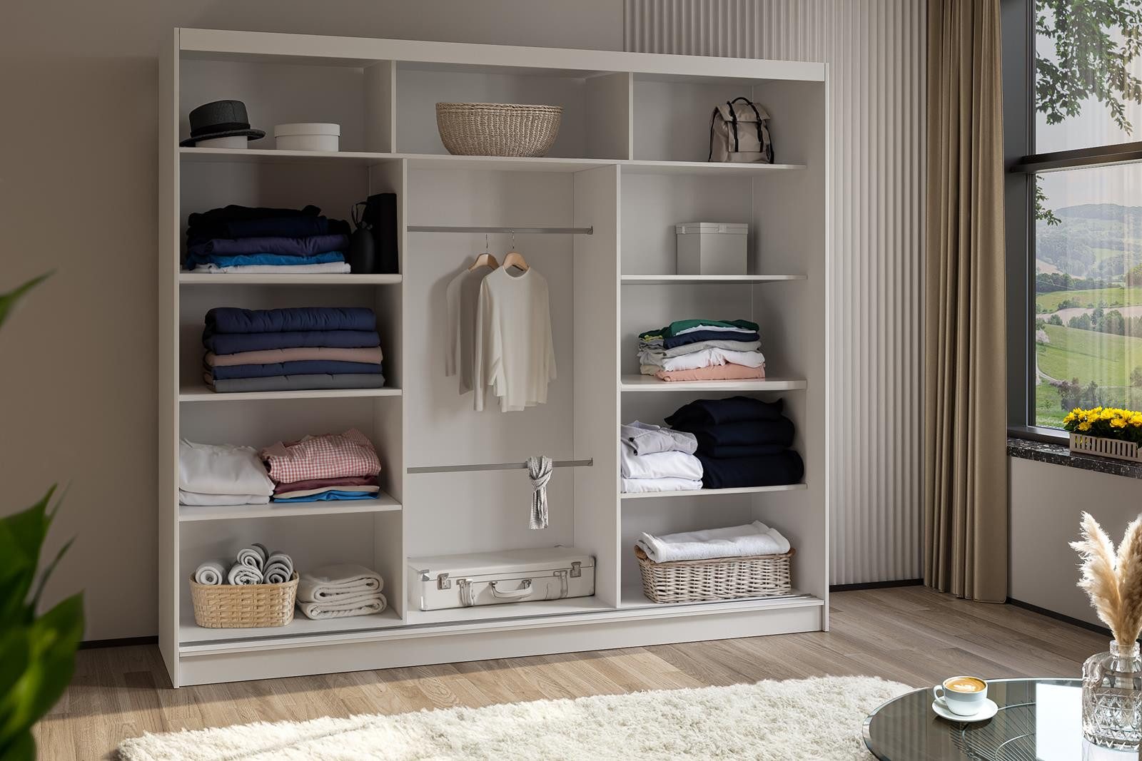 Compleo Schwebetürenschrank mit Spiegel 240 cm breit, Elegant design, Kaschmir