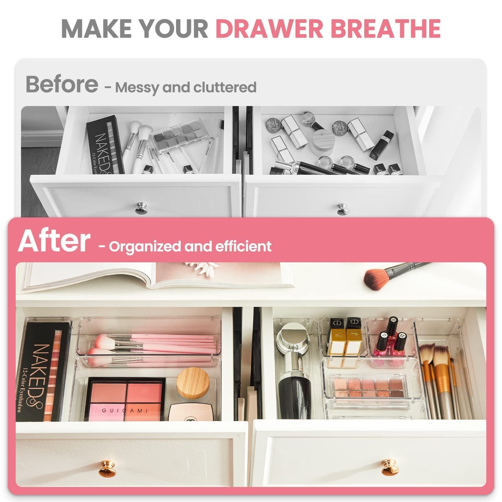 House Day Organizer Schubladen Organizer Set, 4 Größen, für Bad, Küche & Kosmetik (17 St), Schminktisch Organizer, Klar Kunststoff