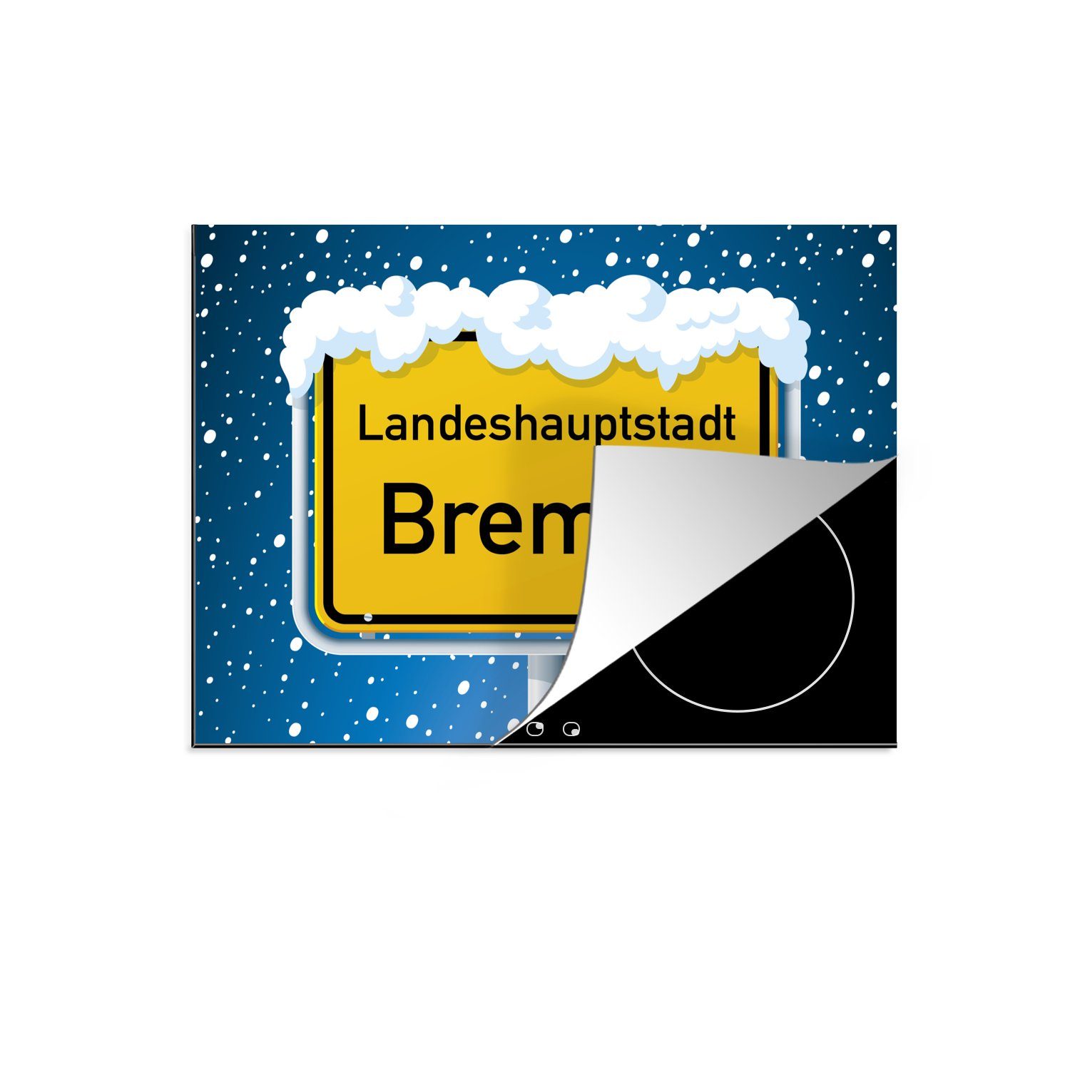 MuchoWow Herdblende-/Abdeckplatte Ein verschneites Straßenschild aus Bremen in Deutschland, Vinyl, (1 tlg), 70x52 cm, Mobile Arbeitsfläche nutzbar, Ceranfeldabdeckung