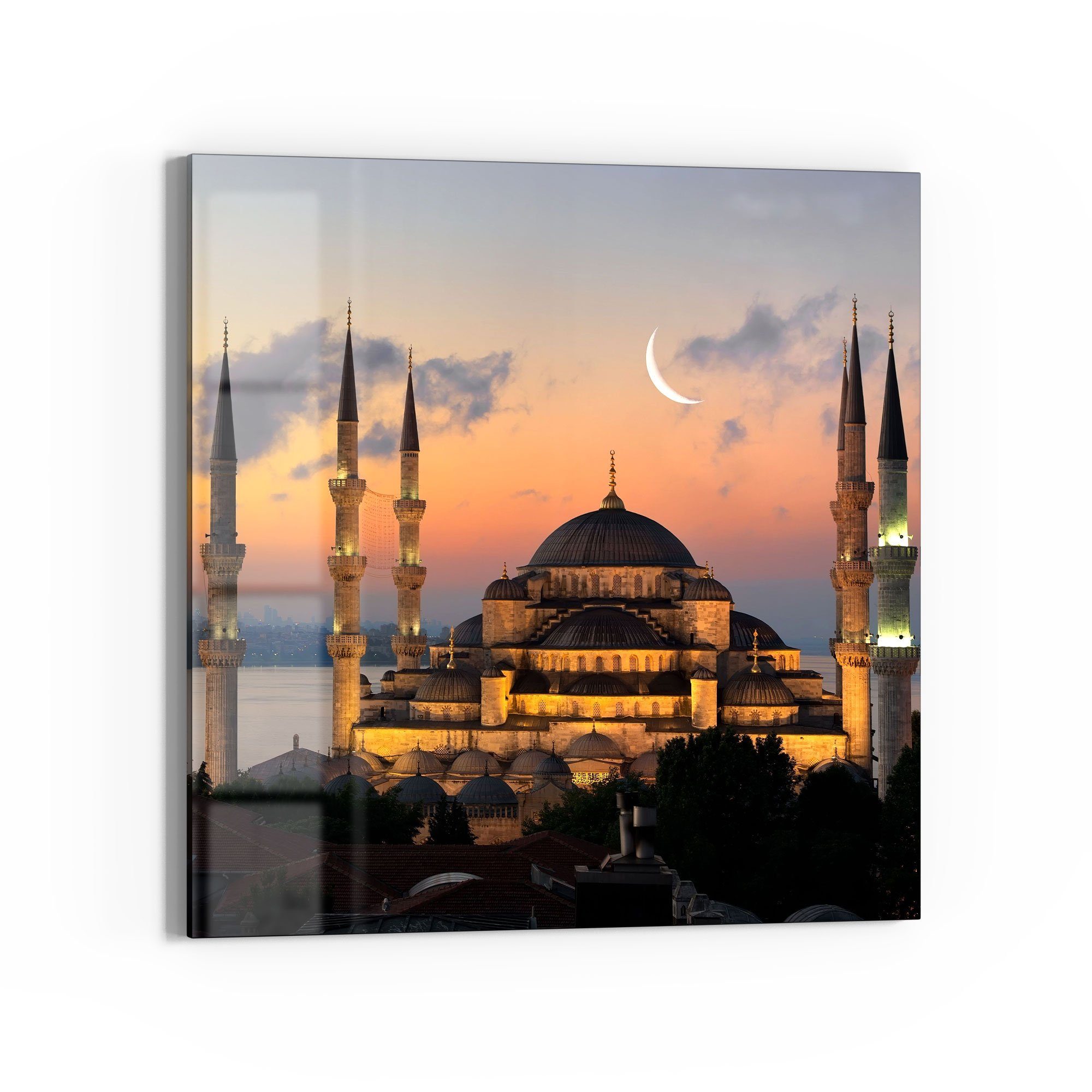 DEQORI Glasbild 'Mondsichel über Moschee', 'Mondsichel über Moschee', Glas Wandbild Bild schwebend modern