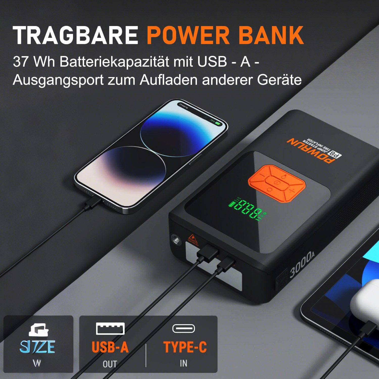 MOPUEA Autobatterie Ladegerät 3000A Starthilfe Powerbank mit Kompressor, LED Autobatterie-Ladegerät (10000 mA, Geräteset, Starthilfe, Klemmen, Luftschlauch, Kabel, Adapter, Tasche, 150PSI Kompressor, LED-Lampe, 10000mAh Powerbank, 8-fach Schutzsystem)