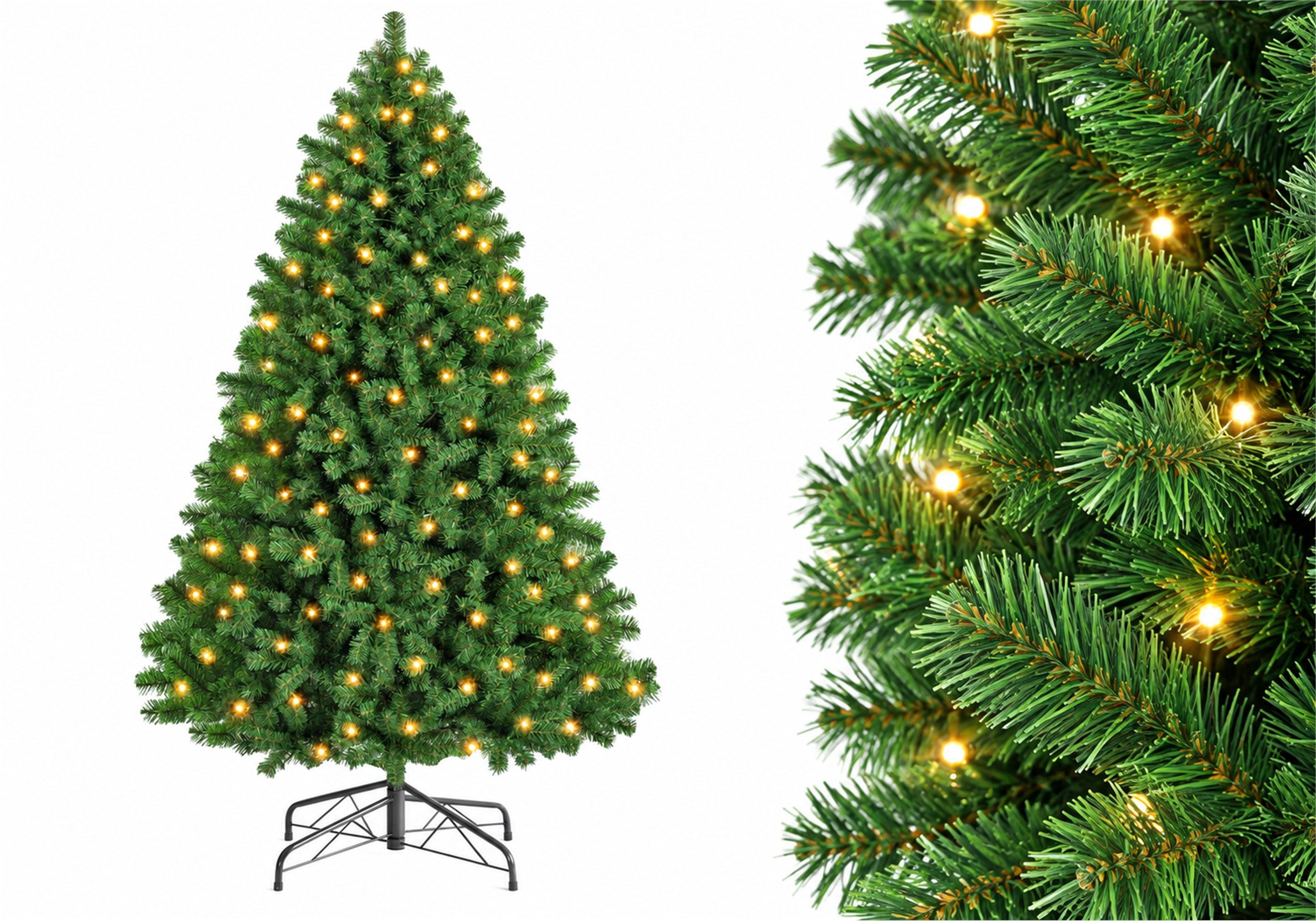 Vankel Künstlicher Weihnachtsbaum mit Beleuchtung, grüner Tannenbaum mit Metallständer, Weihnachtsdeko, Grüner Christbaum mit warmen Lichtakzenten in fünf Größen zur Wahl
