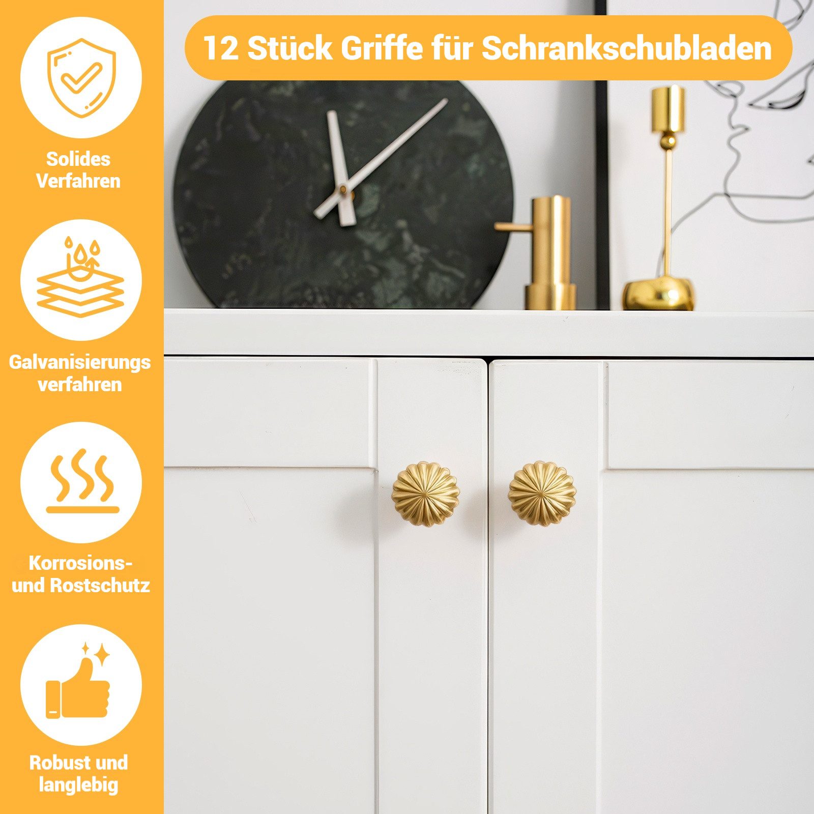 BlingBin Möbelknopf 12 Stück 30mm Kristall Türgriff, Schrankknöpfe Schubladenknöpfe (12 Stück, 12-St., 12pcs), Gebürstetes Gold Kommodenknöpfe Rund Modern Schlicht