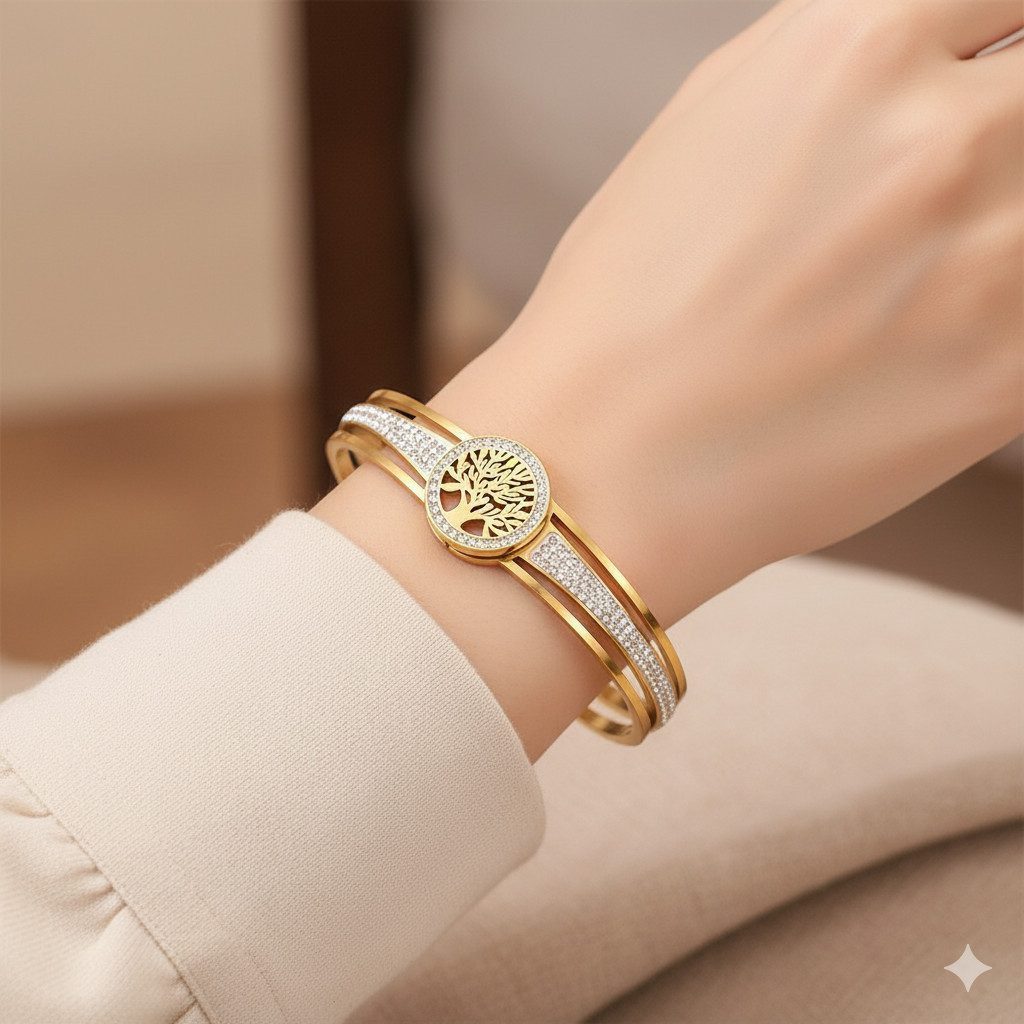 Taffstyle Armband Lebensbaum Damen Armband Edelstahl 18K vergoldet Strass Elegant (Filigranes Damen-Armband mit einem Lebensbaum-Motiv), Der Klappverschluss ist – Bild 4 von 5
