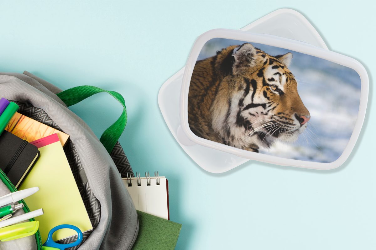 MuchoWow Lunchbox Tiger - Kinder und weiß - Mädchen Erwachsene, Brotbox für Brotdose, Schnee und Jungs (2-tlg), für Natur, Kunststoff