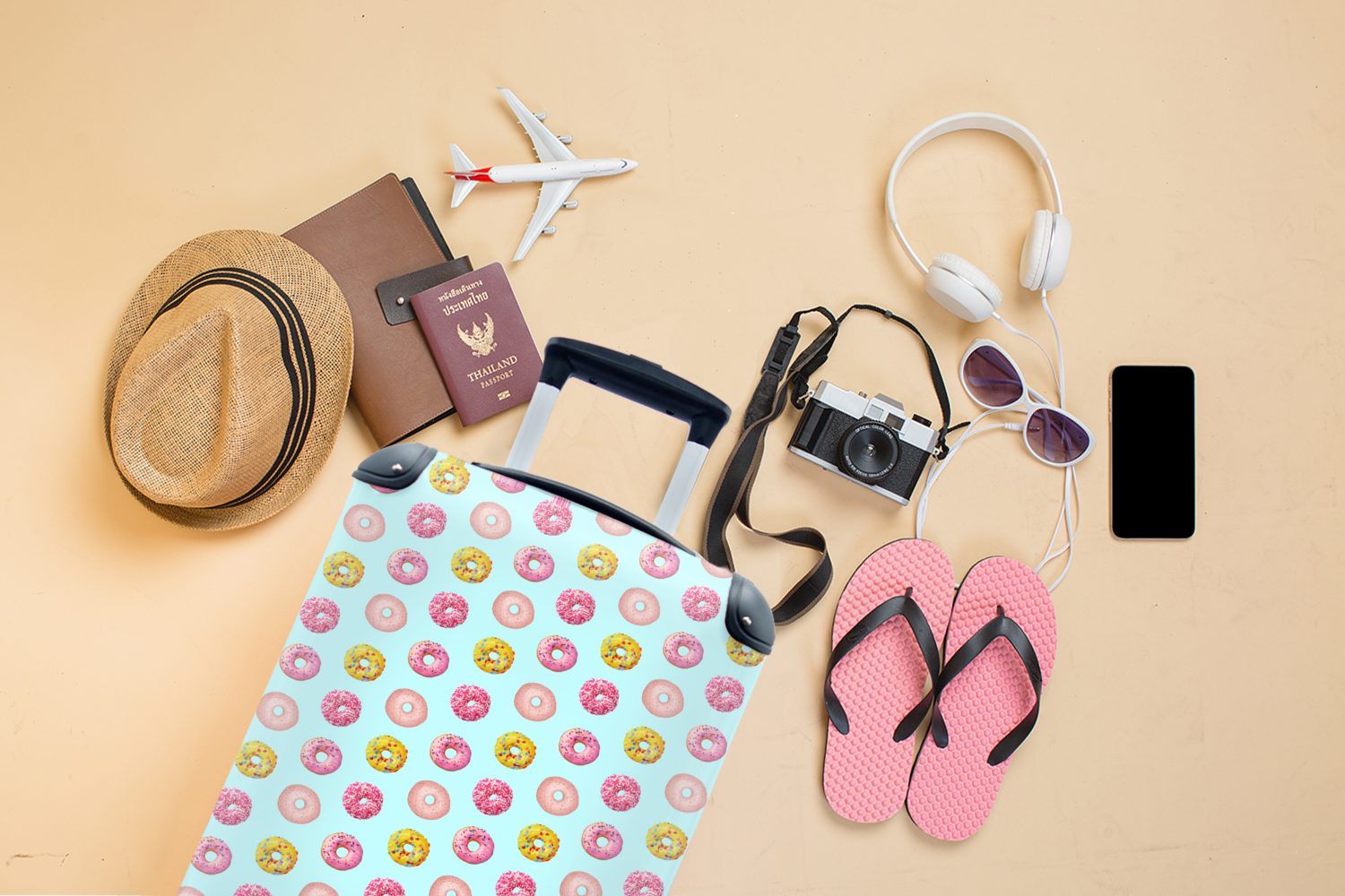 Reisetasche Handgepäck mit Handgepäckkoffer Ferien, - Rollen, Trolley, Farben, Reisekoffer rollen, 4 Muster für MuchoWow Donut -