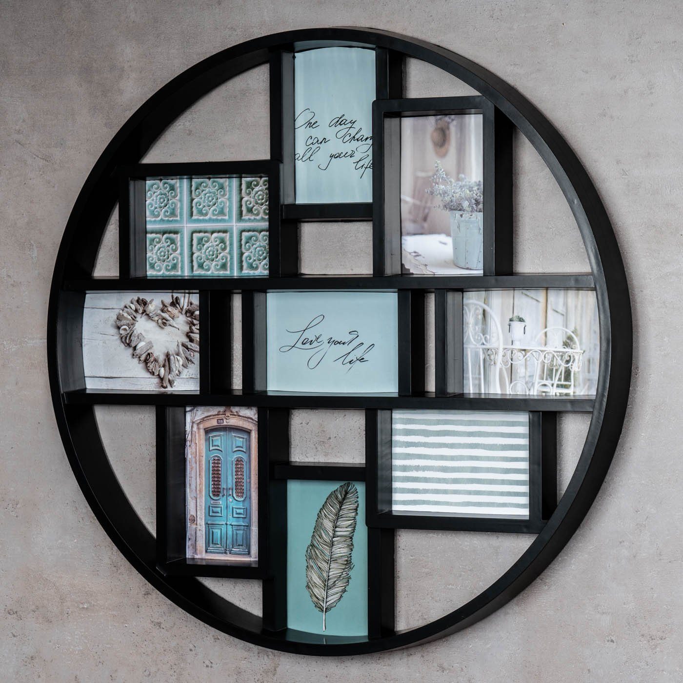 Levandeo® Bilderrahmen Collage, Bilderrahmen D55cm Collage 9 Fotos 10x15cm Schwarz Rund Fotorahmen