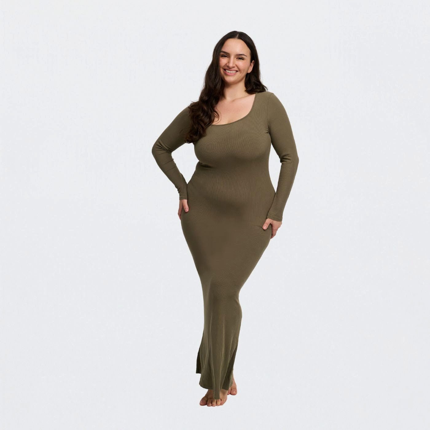 cfab (creamy fabrics) Jerseykleid Ribbed Long Sleeve Maxikleid-Army Green-L (1-tlg)