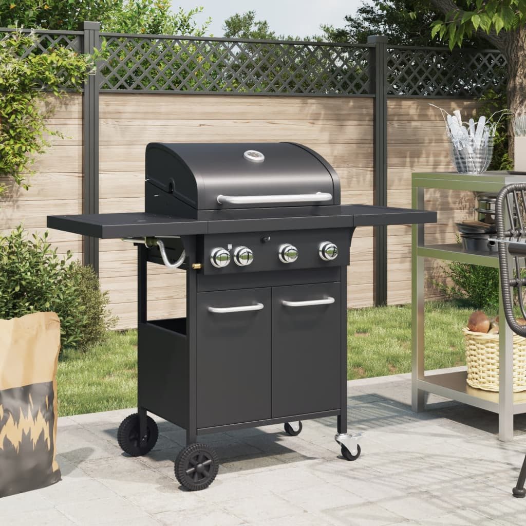 vidaXL Gasgrill, Gasgrill mit 4 Flammen Schwarz Pulverbeschichteter Stahl