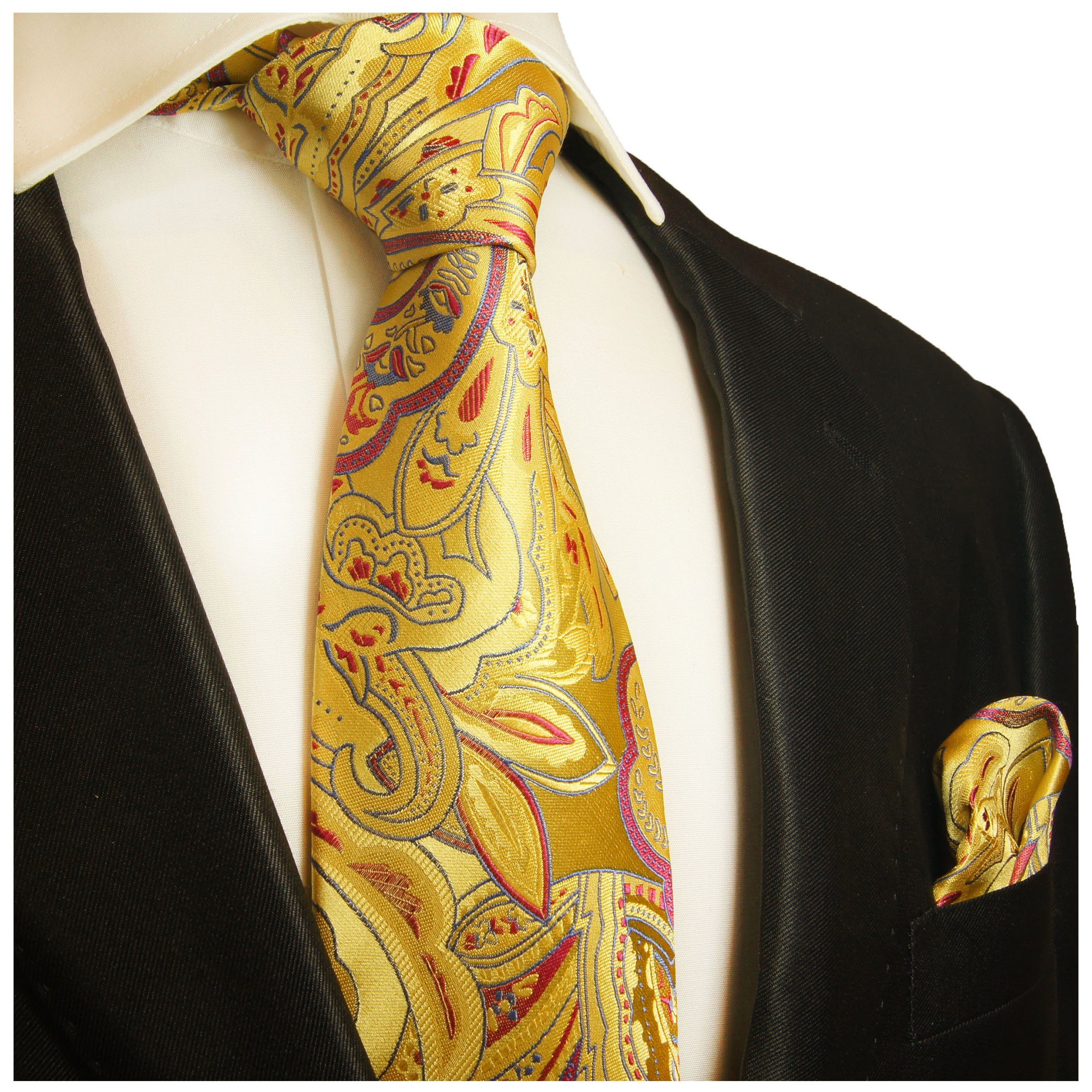 Paul Malone Krawatte Herren Seidenkrawatte mit Tuch modern paisley floral 100% Seide (Set, 2-St., Krawatte mit Einstecktuch) Schmal (6cm), gelb rot 2028