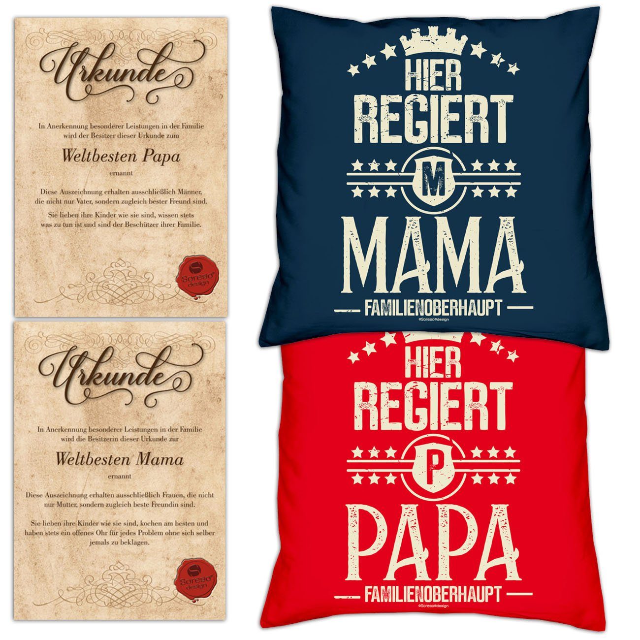 Soreso® Dekokissen Kissen-Set Hier regiert Papa Hier regiert Mama mit Urkunden, Weihnachtsgeschenk für Eltern navy-blau