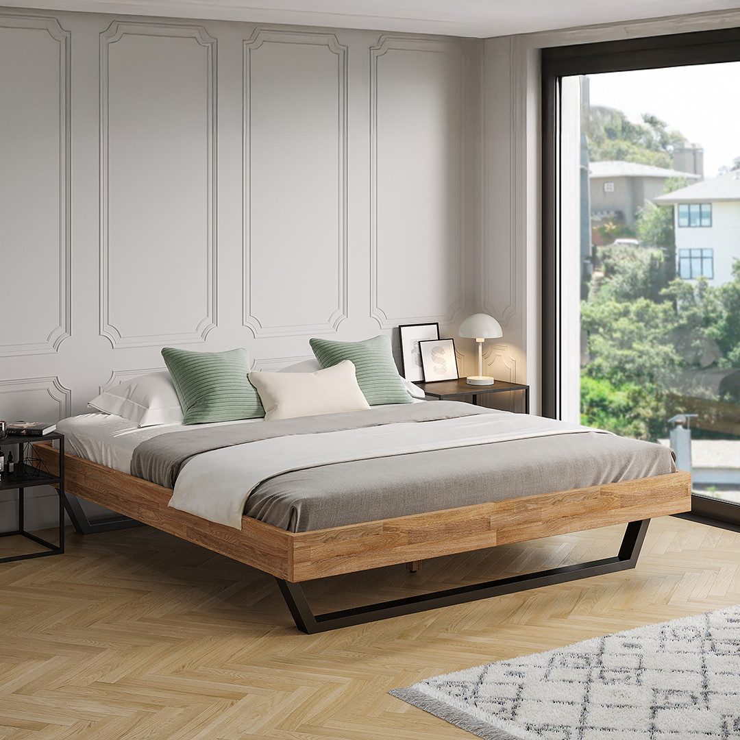 skølm Massivholzbett Alver aus Eiche, ohne Bettkopf, natur geölt mit Metallkufen, verfügbar in 120/140/160/180 x 200 cm