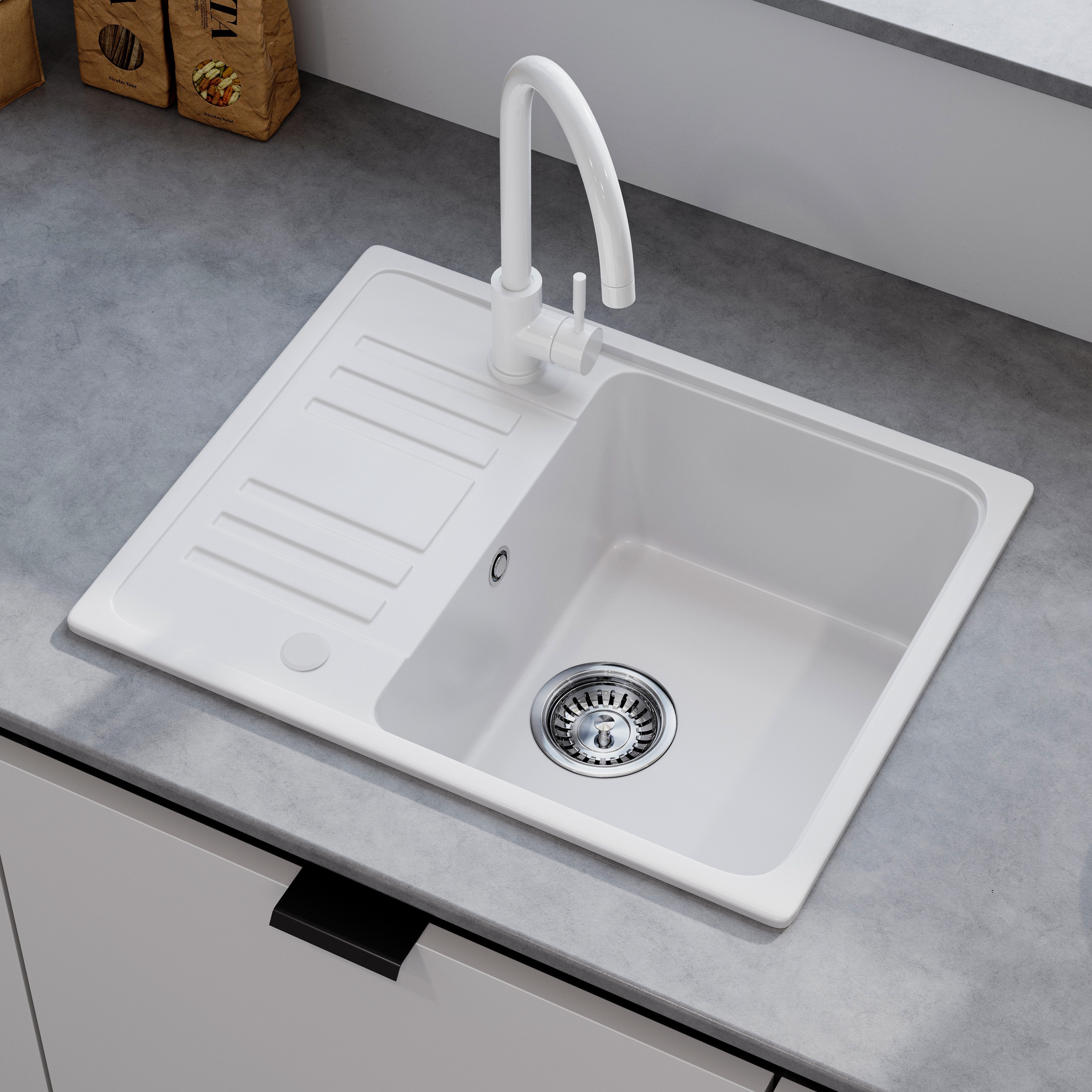 HOROW Granitspüle Granit Spüle in Schwarz 1 Becken Einbauspüle in 57 x 45 cm, 57/45 cm, mit Siphon Ab- und Überlaufgarnitur