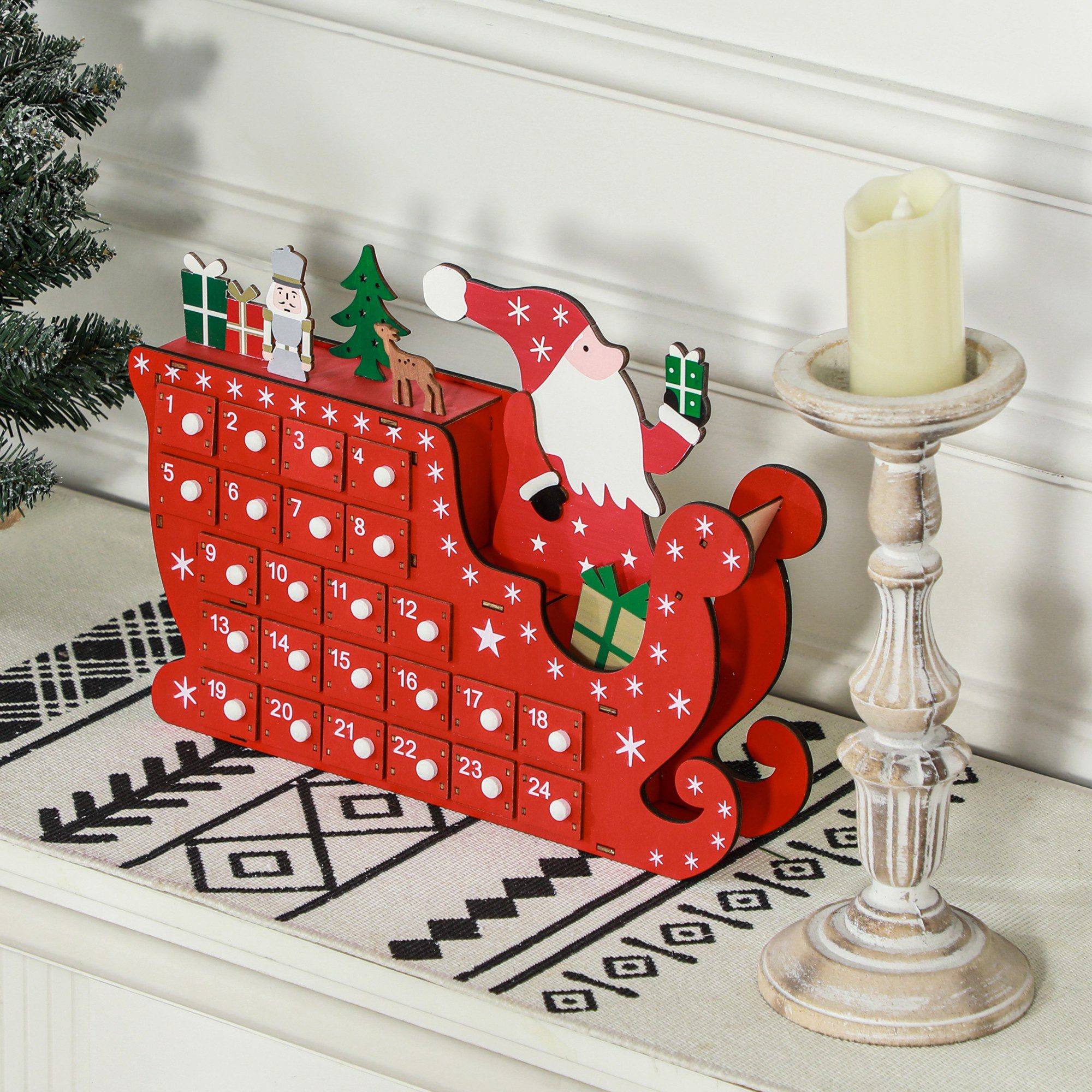 MC Star befüllbarer Adventskalender 24 Schubladen Fächer Weihnachtskalender Adventskalenderbox (Weihnachtsdekoration DIY MDF-Platte Rot 22,5 x 8 x 36 cm)
